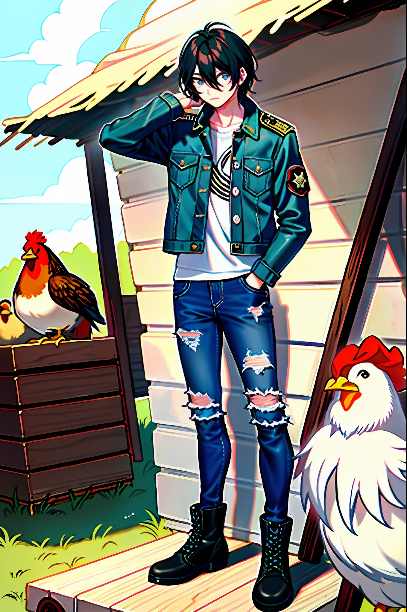 (Masterpiece: 1.2, best quality), 1 man, single, upper body, hair: flat head cutout, clothing: oversized distressed denim jacket with patches and pins, with black jeans and military boots, accessories: outside a chicken shed, chickens in the shed