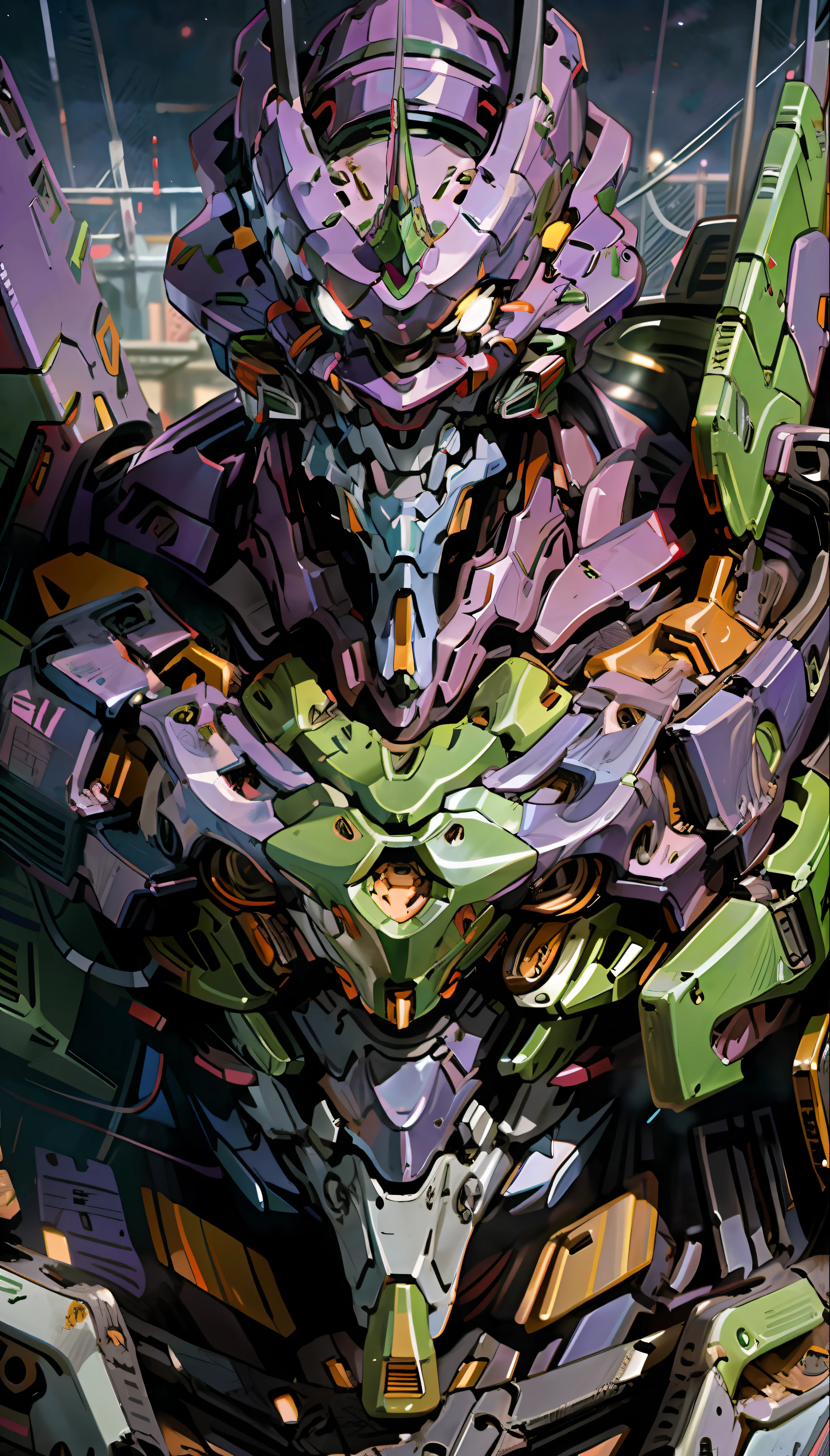 EVA 01,EVA, Eva, Evangelion Mecha, (Official Art, Best Quality, Masterpiece: 1.2), 8K, High Resolution, Futuristic, Head Closeup, White Eyes, City Background, Night, Movie Light, Close Up,