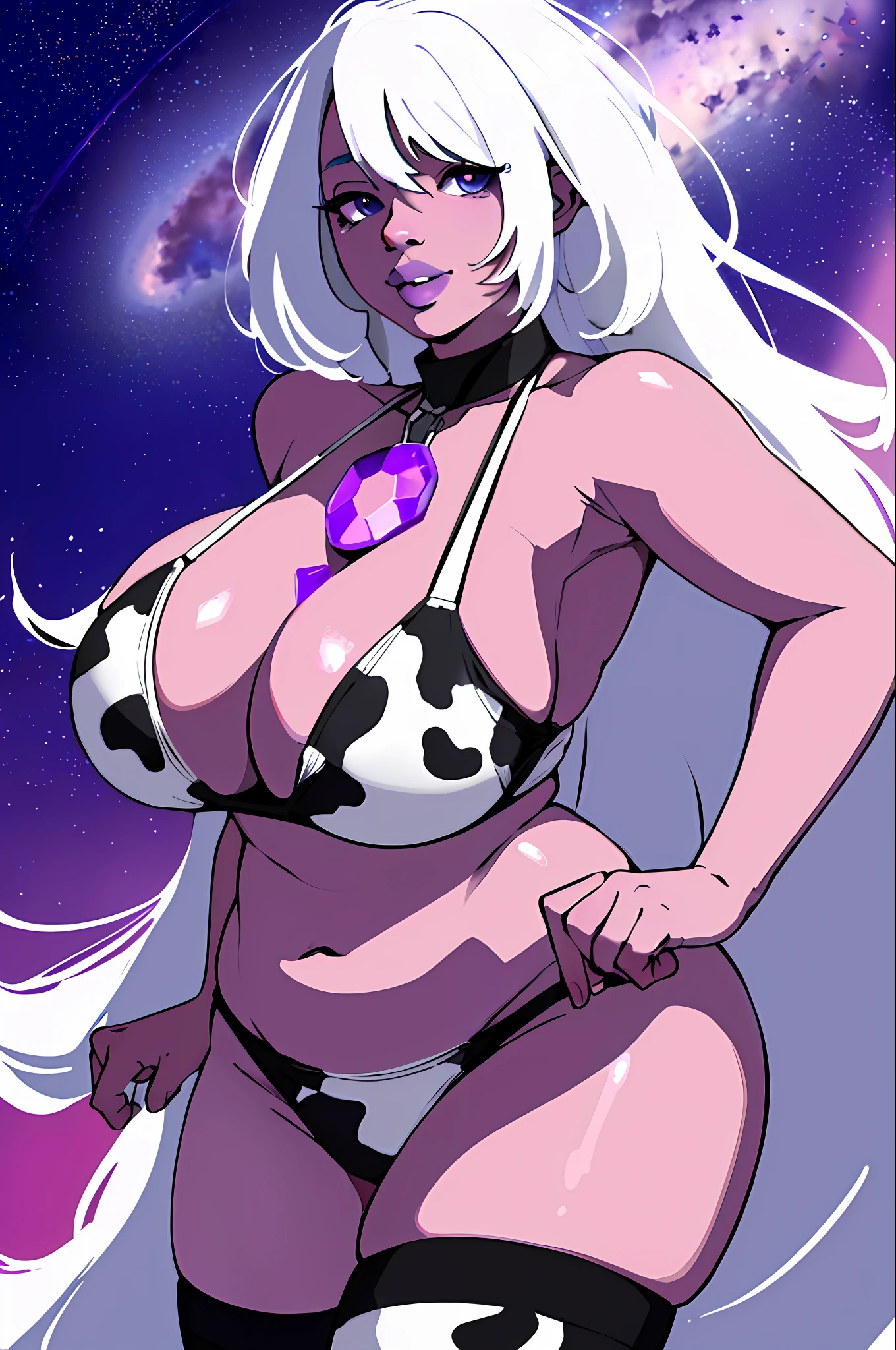 ((Cinematic light, Best quality, 8k, Masterpiece :1.3)), 1girl, Beautiful woman, (white hair, big breasts:1.3), rope panties, hopefully falling, seductive open lips, Amethyst, purple skin, (fat), long white hair, purple eyes, makeup, lips, yolk between collarbone, standing, close up, smiling, hands on hips, solo, tank, torn clothes,
 , outer space, Milky Way, stars,
(insanely detailed, beautiful detailed face, masterpiece, beautiful detailed eyes, best quality), sexual teasing, trying to be sexy, showing armpits, milk on boobs, a lot of milk on boobs, (((cow printed micro biki))),