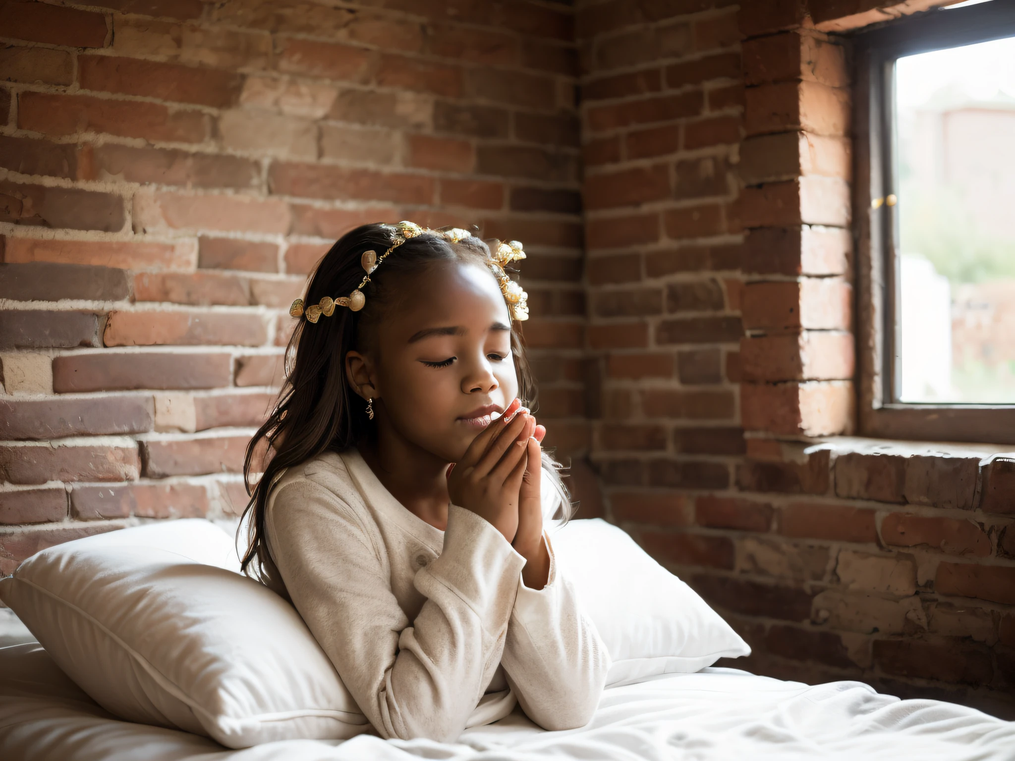 Portrait of a young girl of 14 years beautiful beautiful face perfect petit teen, she is happy, very beautiful African, praying eyes closed, in bed, (when humble, walls appearing the bricks, simple and old house, old pillows, very blurred background, of course: 1.2)