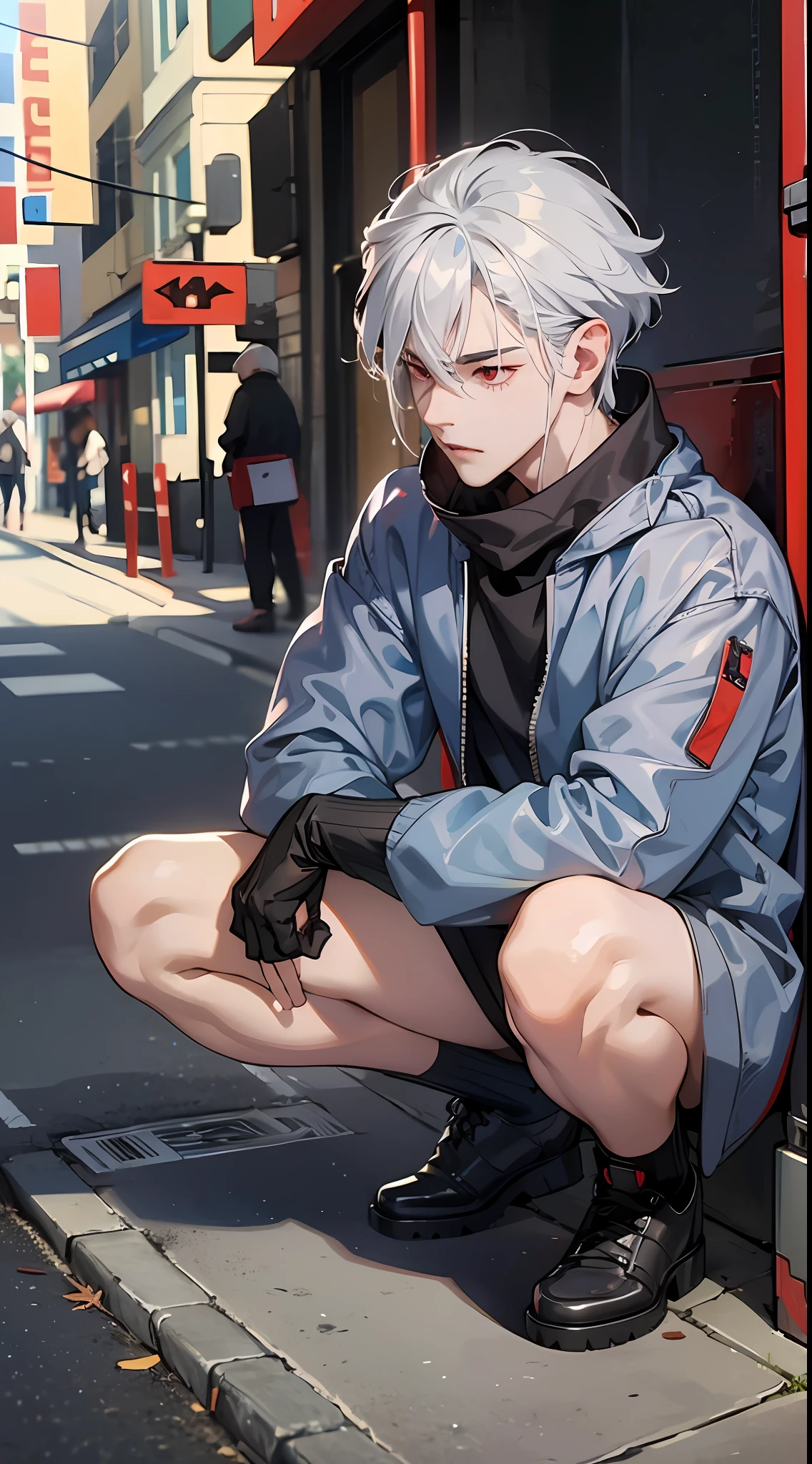 (a man: 1.2), silver hair, red eyes, (squatting on the street: 1.6)