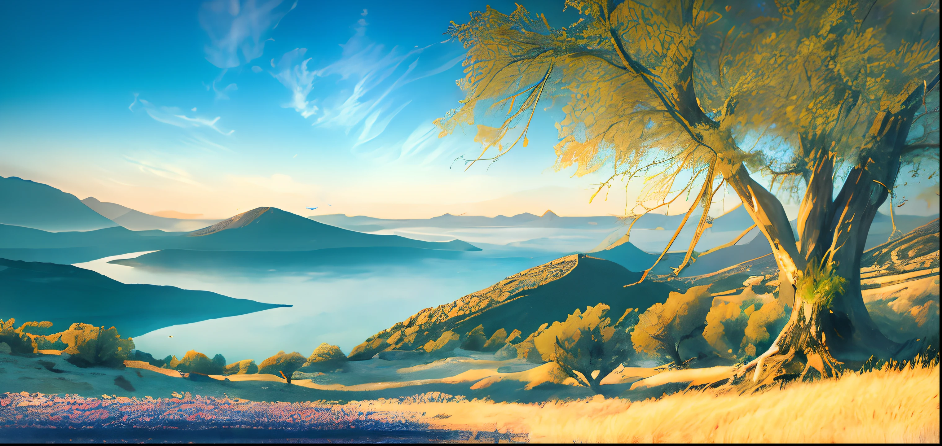 an image of mountain Aipos from Chios Island in greece also in the image we see an image of mavra volia from chios too, cinematic, 8K, ultra realistic,Concept design of a scene,a huge lake, with the eastern side covered by the canopy of a giant tree, shrouded in sparse mist, Along the shore are white fluorescent bluebells,--ar 16:9 --v 5 - Image #1