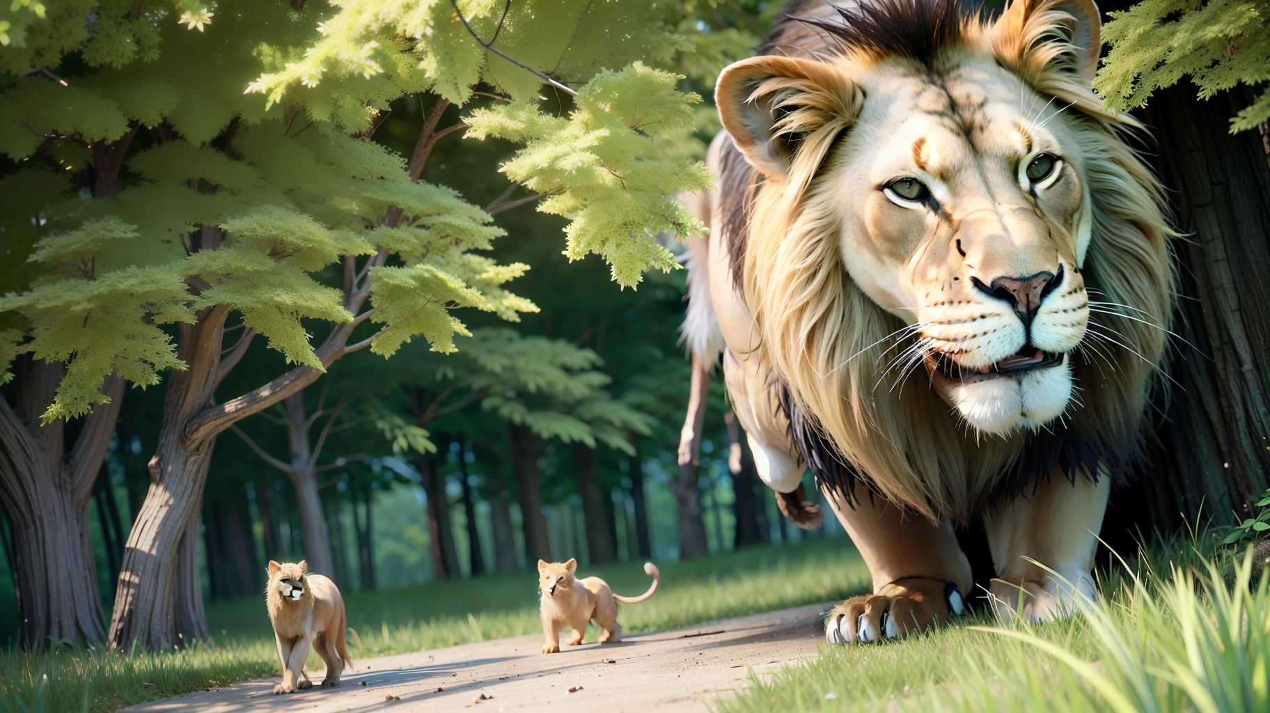Create a dense forest, sunny day, shady trees, under one of the trees a sleeping lion and a rat running past