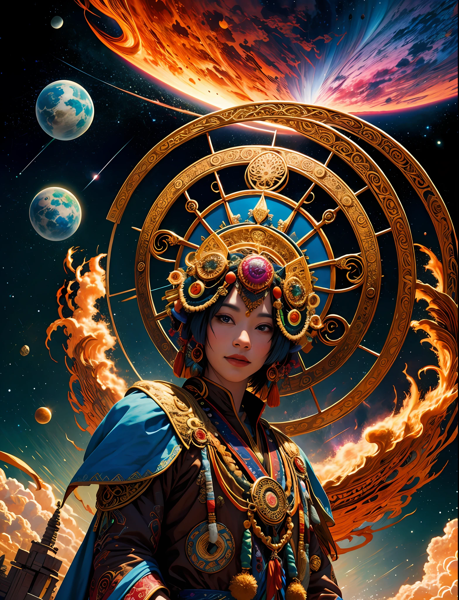 Official Art, Unified 8k Wallpaper, Ultra Detailed, Beautiful and Aesthetic, High Quality, (Yak: 1.6), Colorful National Costumes, Planet, Star Track, Nebula, Beauty, Masterpiece, Best Quality, (Zentangle, Mandala, Tangled, Entangle: 0.6),