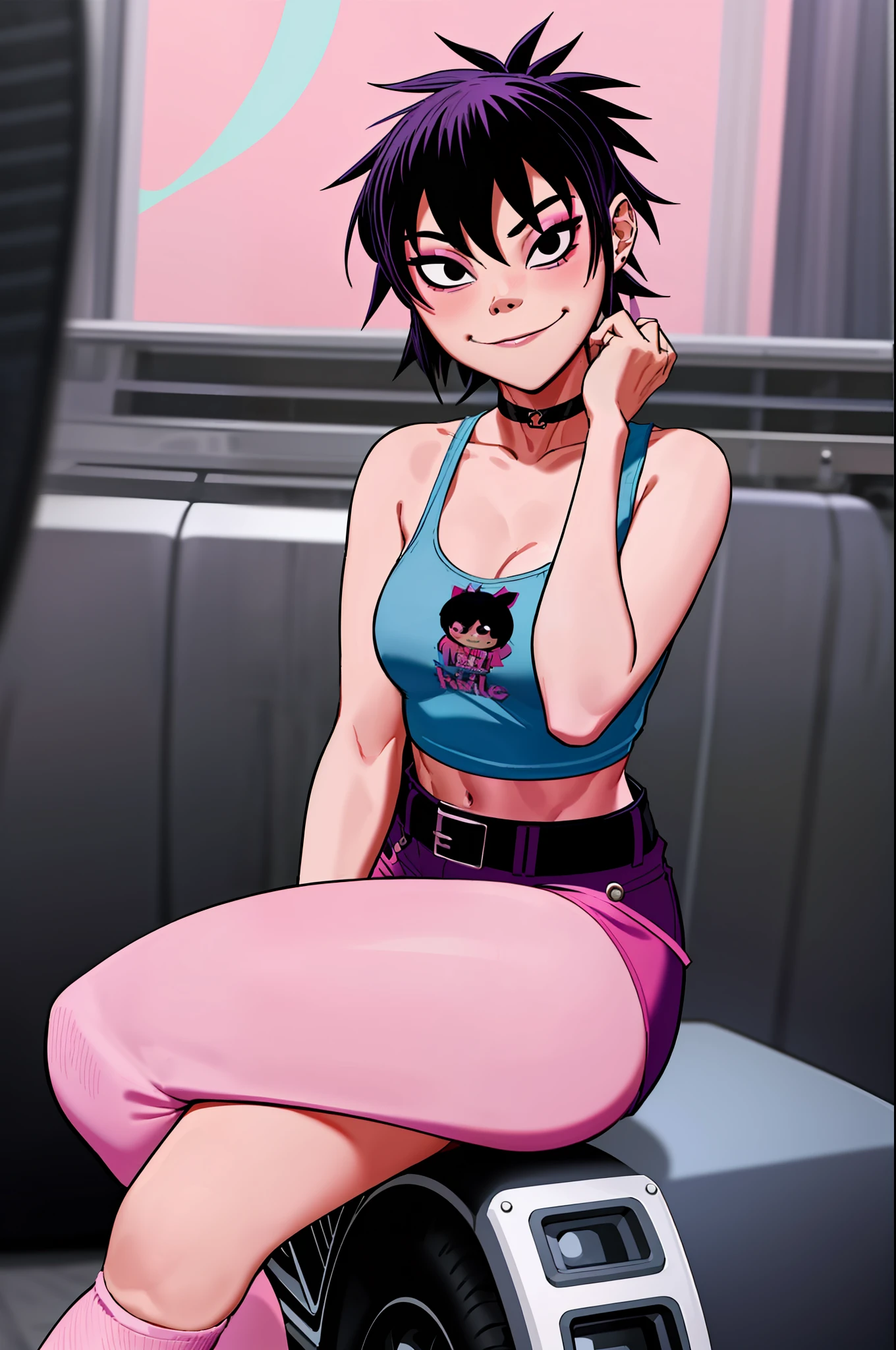 noodle (gorillaz), masterpiece, best quality, hair between eyes, purple hair, choker, belt, blush, looking at viewer, bangs, fishnets, pink crop top, taking off shirt, solo, blue hair, makeup, short hair, portrait, black eyes, small breasts, blush, sexual expression, seductive smile, hair covering eyes, high heels, 5 fingers, hands on breasts, sitting on knees, bteasts tease, detailed music studio background, denim shorts, detailed tummy, pink eye shadow, sfw