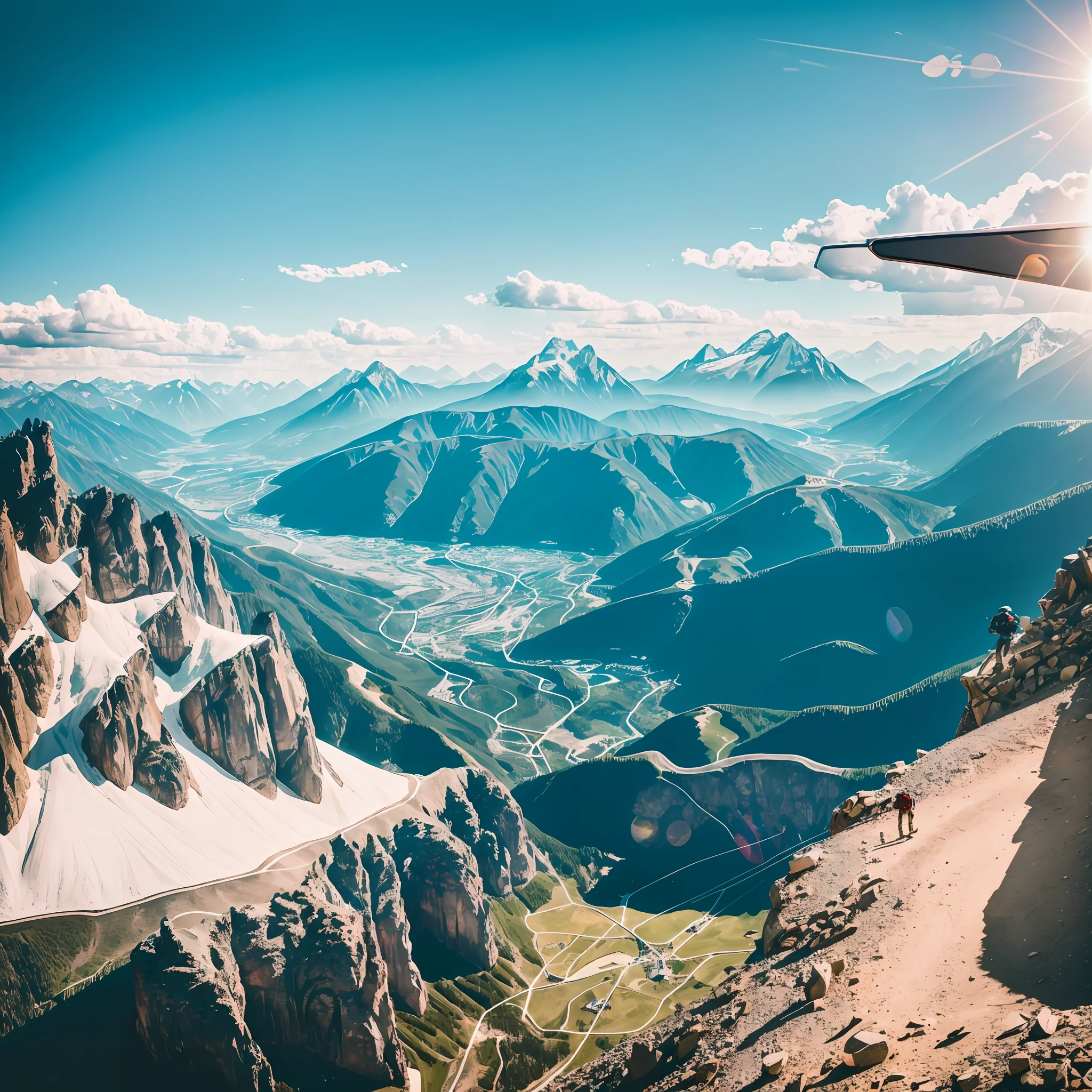 RAW photo, prada glasses, ray-ban, flying, amazing landscape, mountains, sun, 8k uhd, dslr, high quality, film grain, Fujifilm XT3 --auto --s2