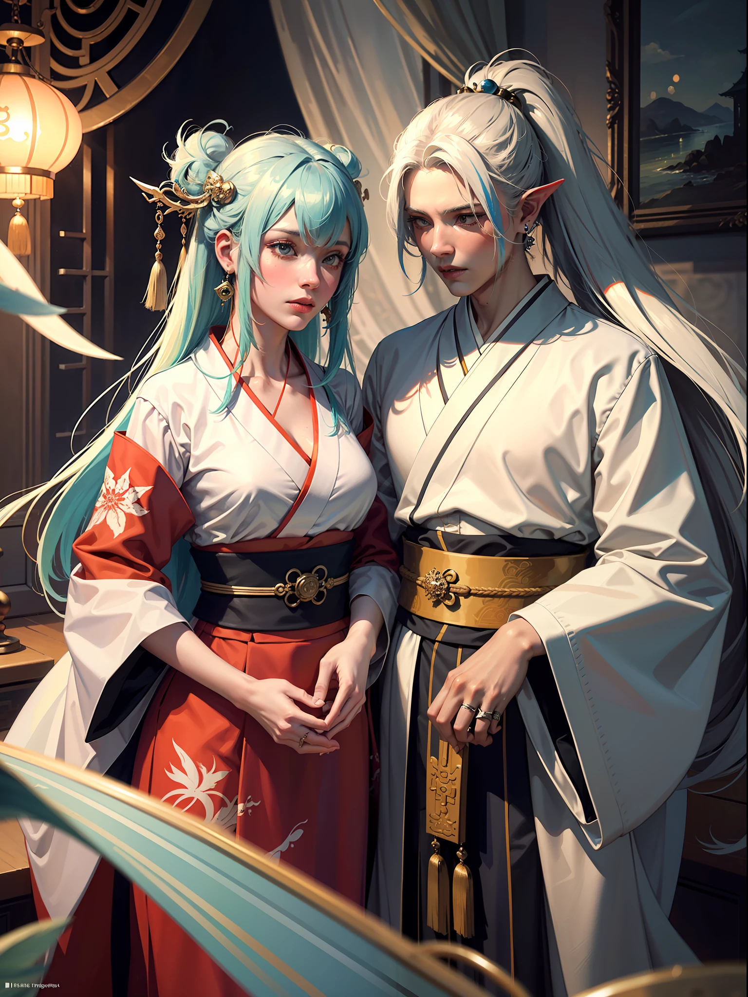 Concept Art, "1 Couple, Male Focus, Fin Ears, Multicolored Hair, Handsome Boy, Long White Hair, Tassels, Bangs, Carp, Colorful, Bold Colors, White Kimono, (Open) Kimono, Traditional Chinese Clothing, Close-up, Intimate Interaction in Bed, Stud Earrings, Rings, Sweat, Illuminate People", Colorful, Master Composition, Focus on Key Figures, Realism, Masterpiece, Award-Standing, Best Quality, Masterpiece, Ultra Detailed, 8K, Extremely Detailed CG Unity 8k wallpaper, complex, highly detailedrealistic