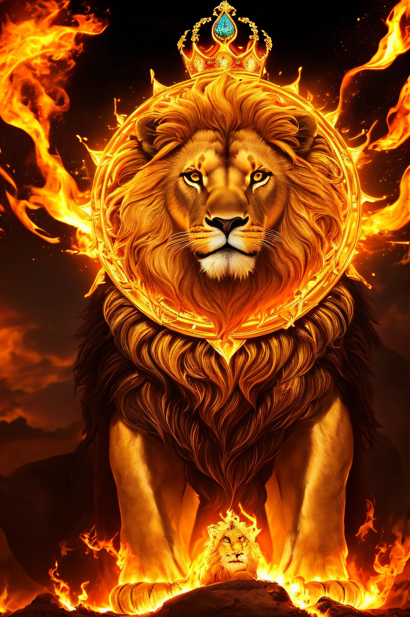 A royale King Lion full boby, galaxy background, magical 3D, full resolution RTX style with flaming eyes sitting on a throne, with a king's crown, captured through Photography with a 35 mm lens. Inspired by the art of National Geographic photographers, the scene depicts the majestic lion, majestic and powerful. The color temperature is warm, with golden tones enhancing the lion's grandeur. The lion's eyes burn with intense flames, emanating a sense of authority and dominance. The lighting casts dramatic shadows, creating a captivating, symmetrical, full body, big angle, rtx atmosphere