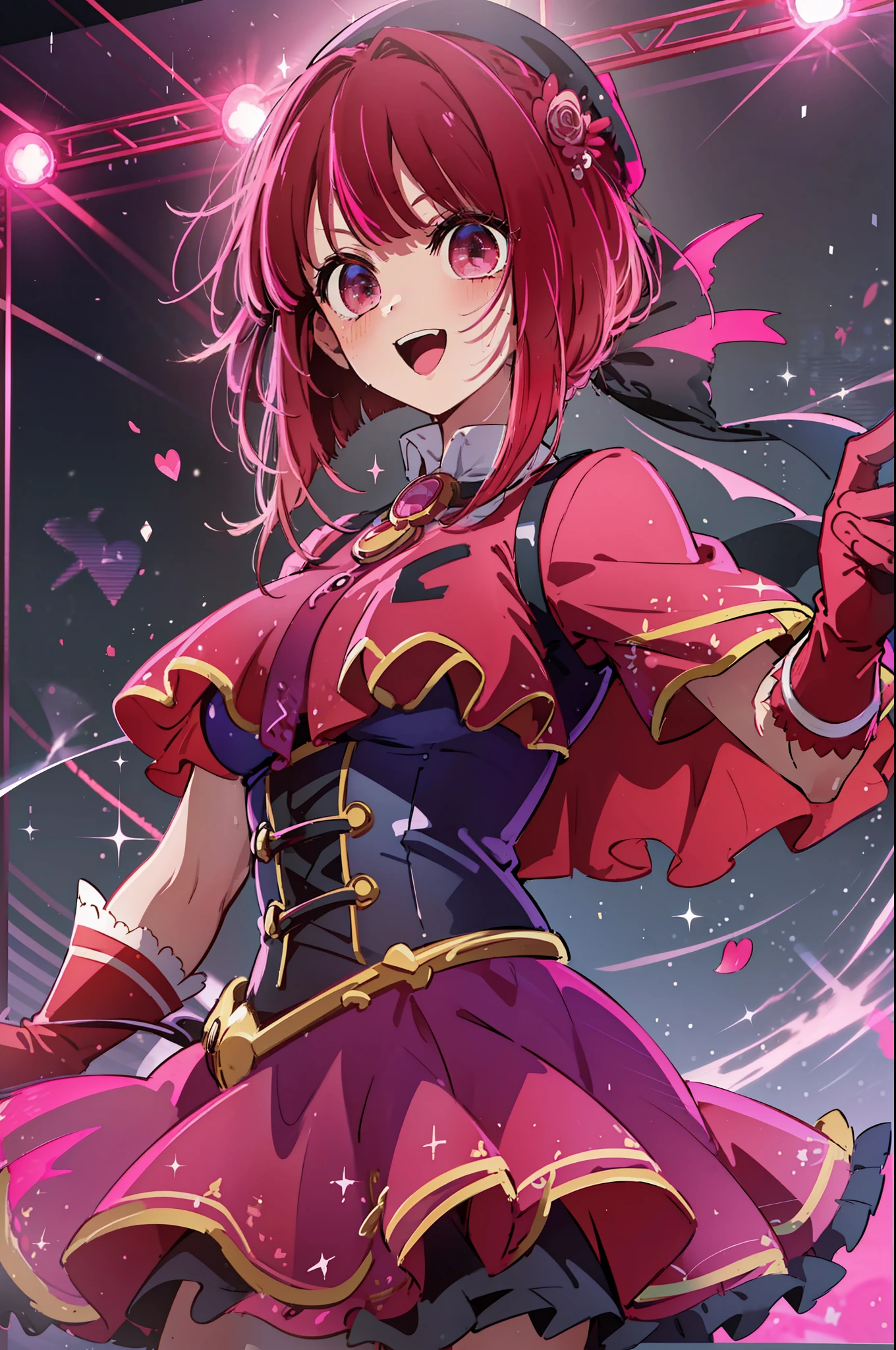 best quality, masterpiece, 2d, masterpiece, best quality, anime, highly detailed, cowboy shot, 1girl, solo, looking at viewer, smile, red hair and a red eye, happy, sweating, posing, ((red dress)), (((pink gloves))), dancing, singing, glow, on stage, hair ornament, stage, lights, streaked hair, glowing eyes, medium breast, gloves, mouth open singing, short cape corset, black skirt, Red skirt, red skirt, 8k