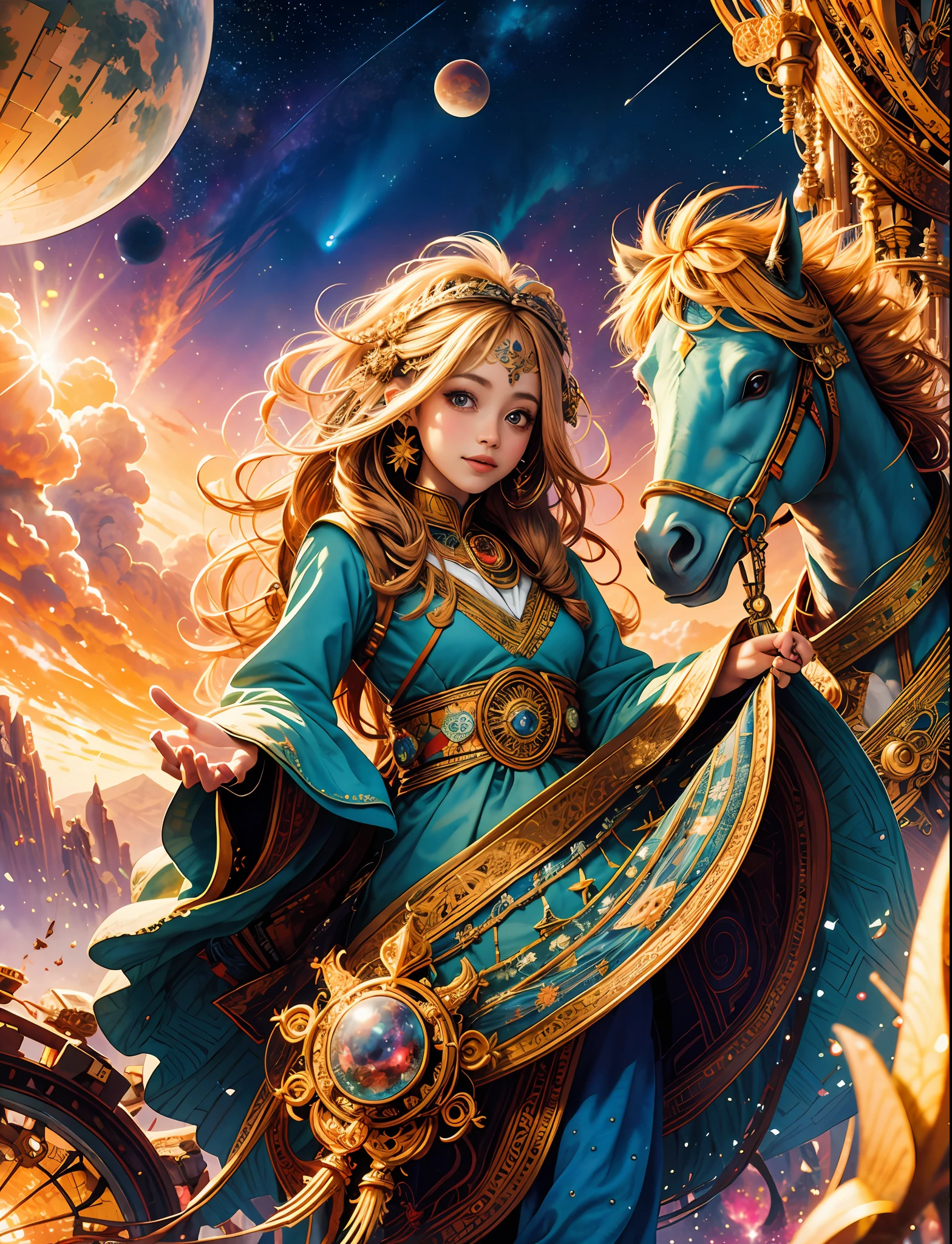 Official Art, Unity 8k Wallpaper, Ultra Detailed, Beautiful and Aesthetic, High Quality, (1 Girl: 1.3), Happy, Colorful National Costumes, Planet, Star Track, Nebula, Beauty, Masterpiece, Best Quality, (Zentangle, Mandala, Tangled, Entangle: 0.6),