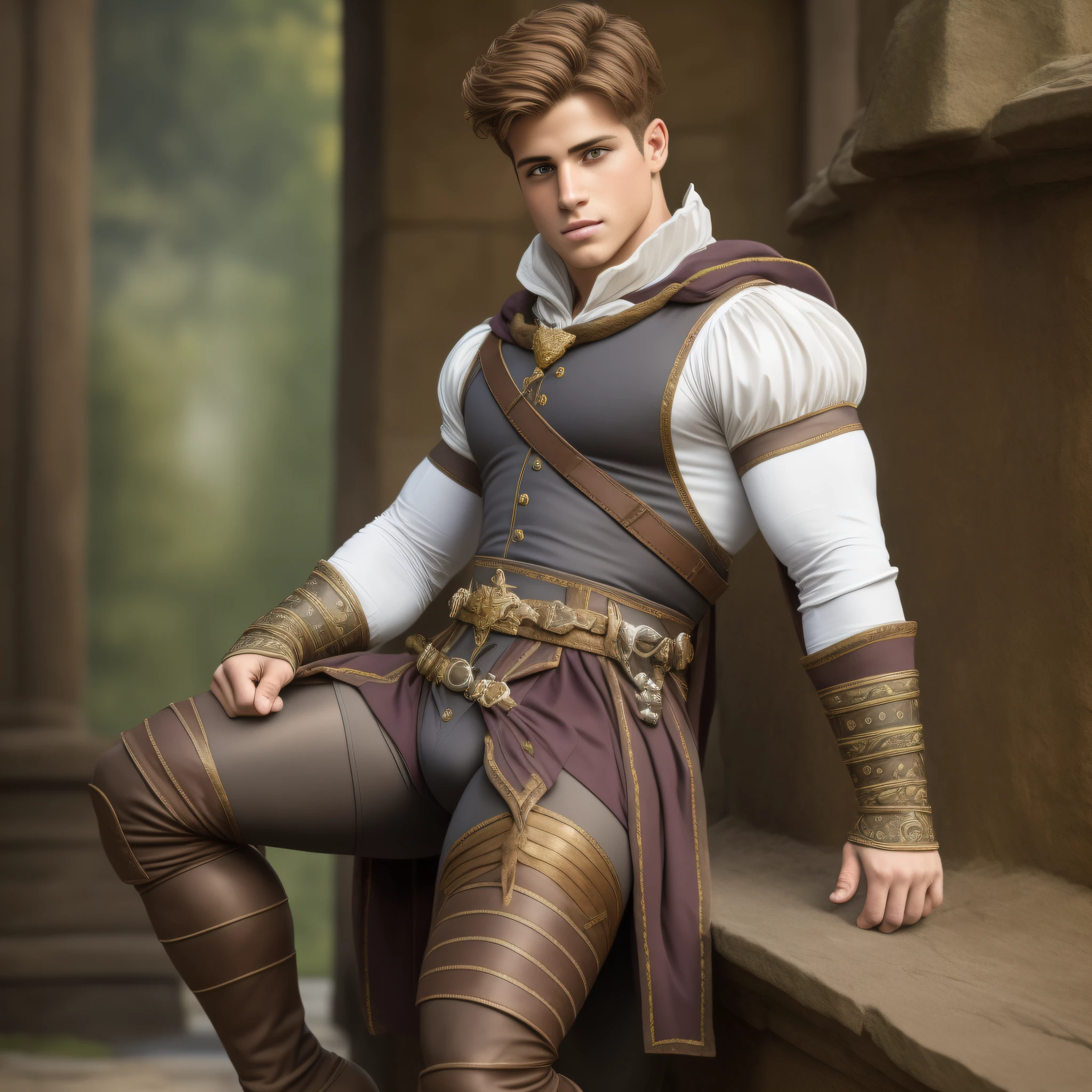 22 year old jock (resembling Cody Calafiore), (super buff and cool) wearing a renaissance  prince costume (codpiece, tights, boots), extremely detailed, amazing, fine detail, flawless anatomy, unrealengine, best quality, 8k uhd, masterpiece in the style of N.C. Wyeth, outdoors, light reflections,