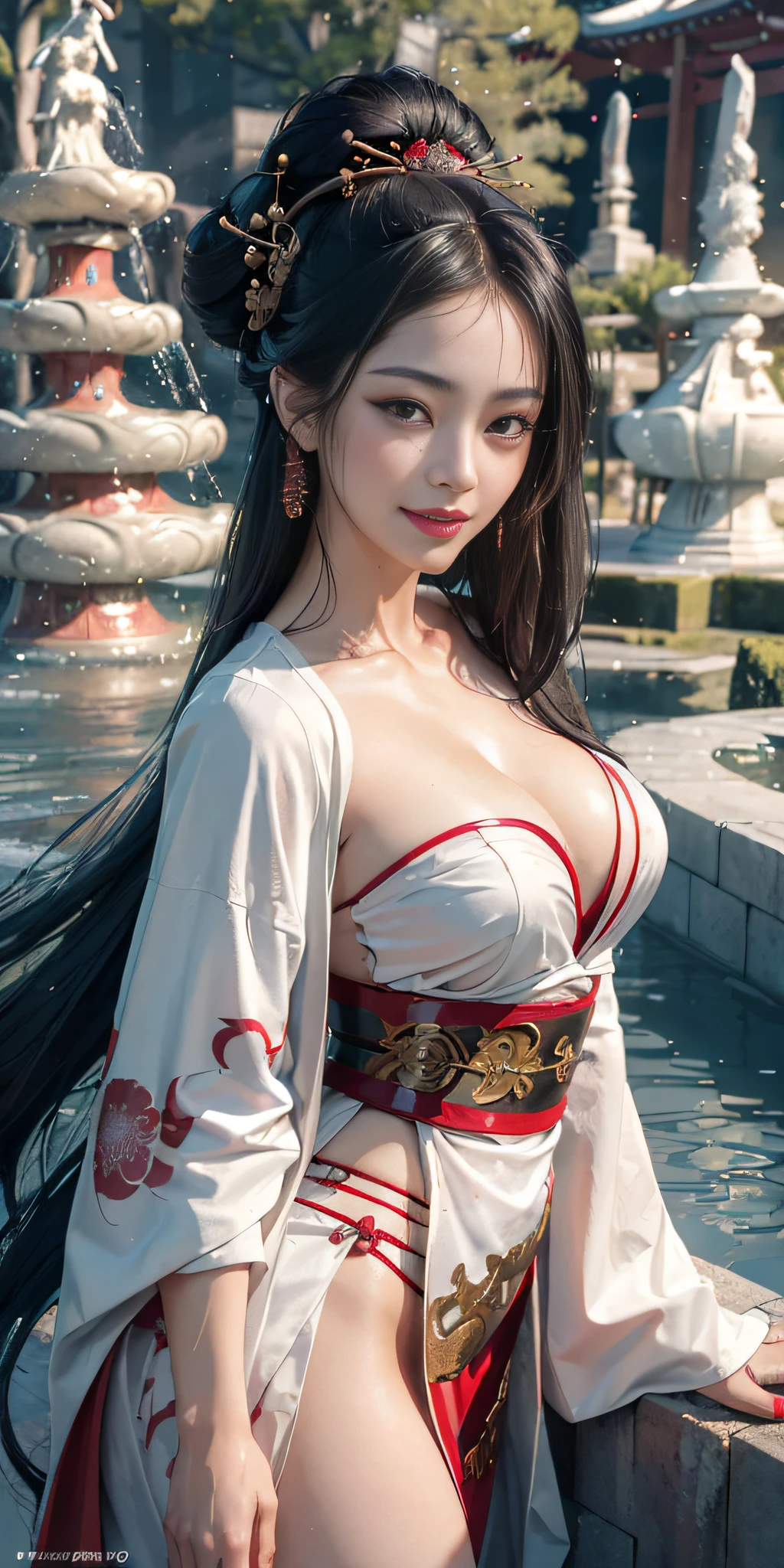 ((hyperrealistic, photorealistic, 8k, intricate details)) Portrait of a cyberpunk geisha with long flowing black hair, very beautiful, fleshy lips, silky skin, full breasts, priestess Miku, wearing a white and red kimono, sensual neckline, smiling (showing her teeth), posing in front of a fountain, and in the background statues of gods.