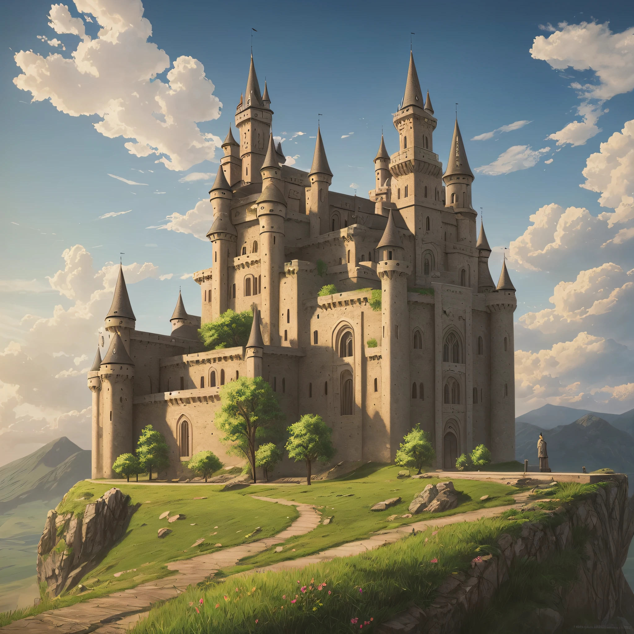 concept art, samia, tree, landscape, cloud, outdoor, castle, sky, sky, sky, mountain, grass, nature, mksks style, best quality, perfect --auto --s2
