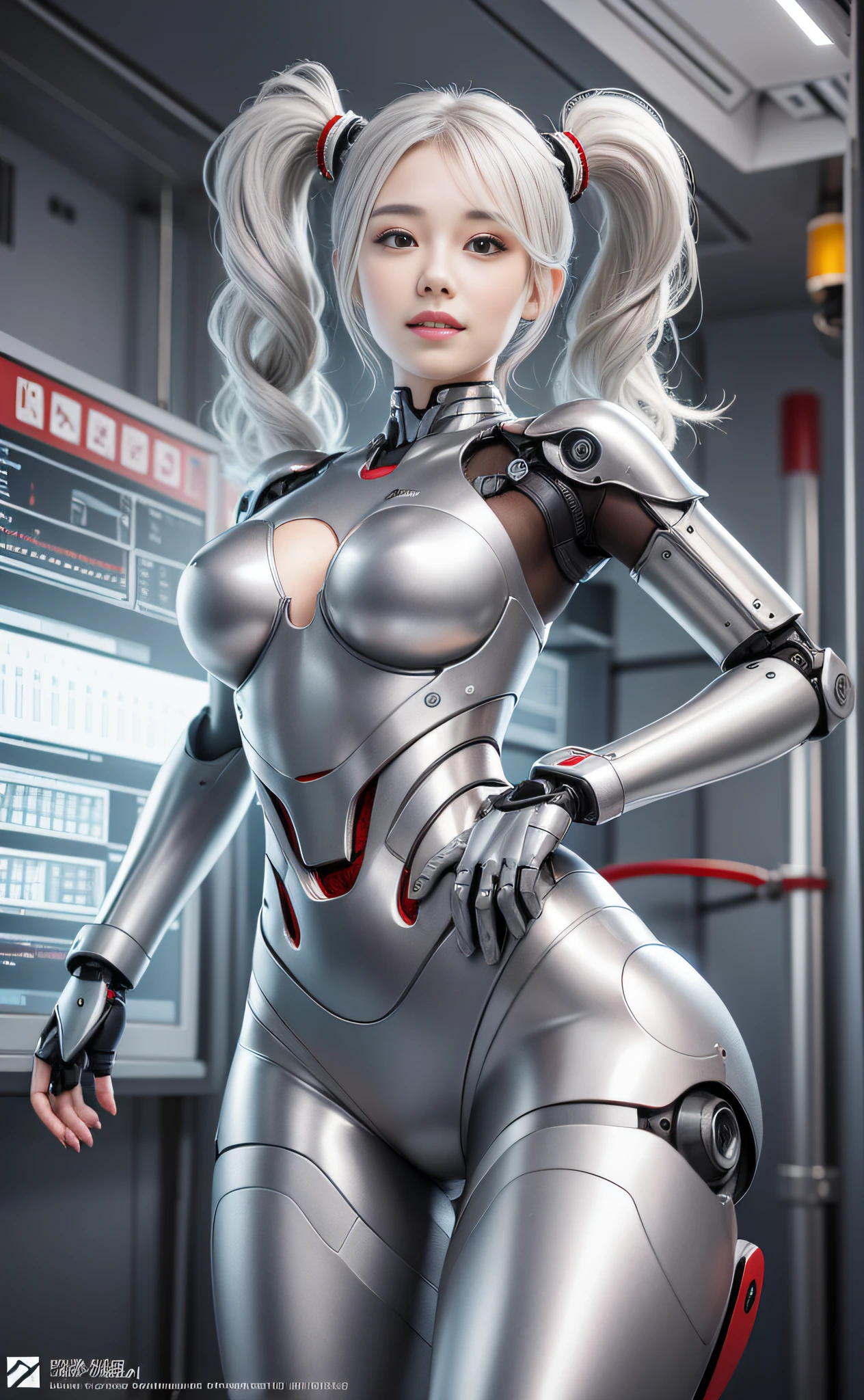 Beautiful Face,face is Japan, 1 Woman, Big, Curvaceous, (16k, RAW photo, top quality, masterpiece: 1.2), (HDR, Realistic, Photorealistic: 1.37) (tube attached to the body), (Bikini Cyborg robot parts)))), (light gray hair), Long hair, Wavy hair, Twin tails, Medium shot, ( Seductive smile)), (black eyes), princess cut,from below,(whole body),posing,,in the lab,( tube connected to blood vessel),((mechanical vertebrae attached to the back)),((mechanical neck attached to the neck)),(wire cable attached to the head and body),(character focus),science fiction,perfect female figure,perfect anatomy,ultraanatomy, Full body shot, up to 4 fingers and 1 thumb relationship,