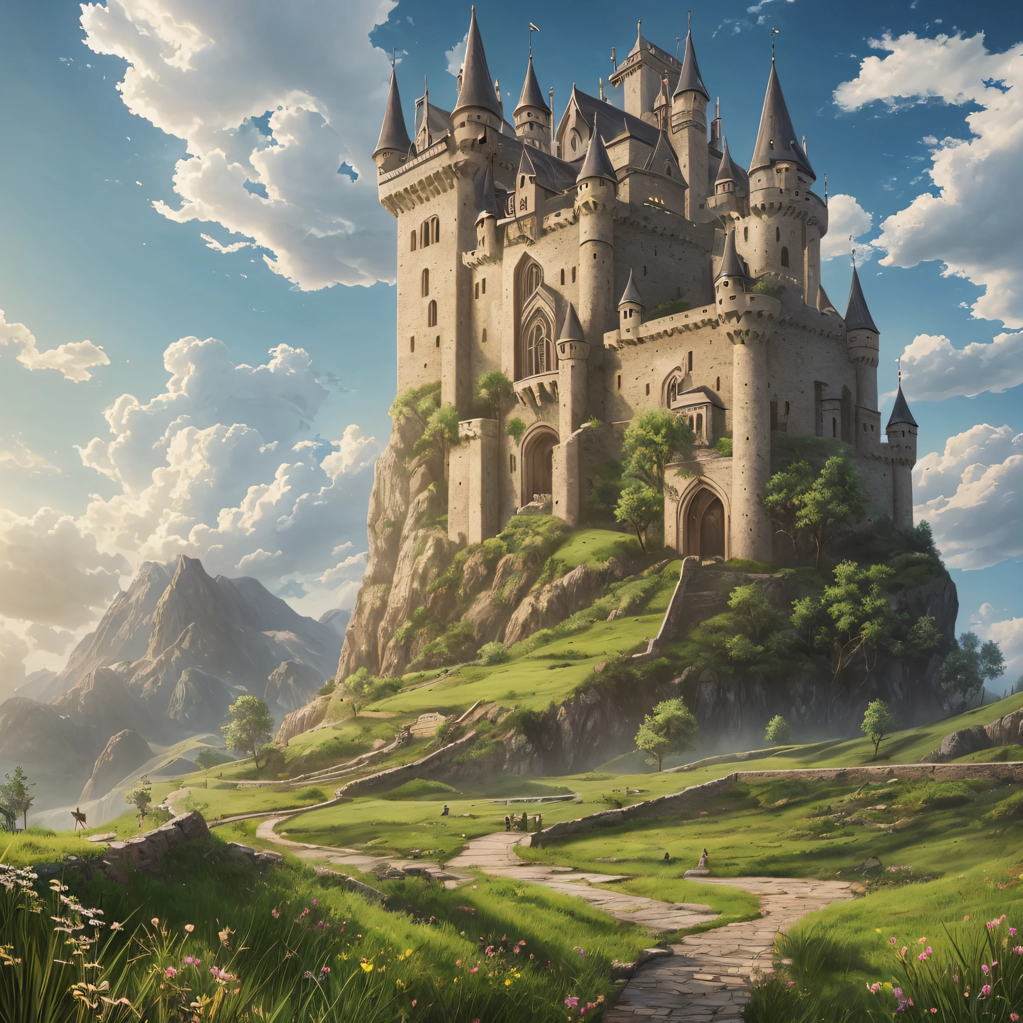 concept art, samia, tree, landscape, cloud, outdoor, castle, sky, sky, sky, mountain, grass, nature, mksks style, best quality, perfect --auto --s2