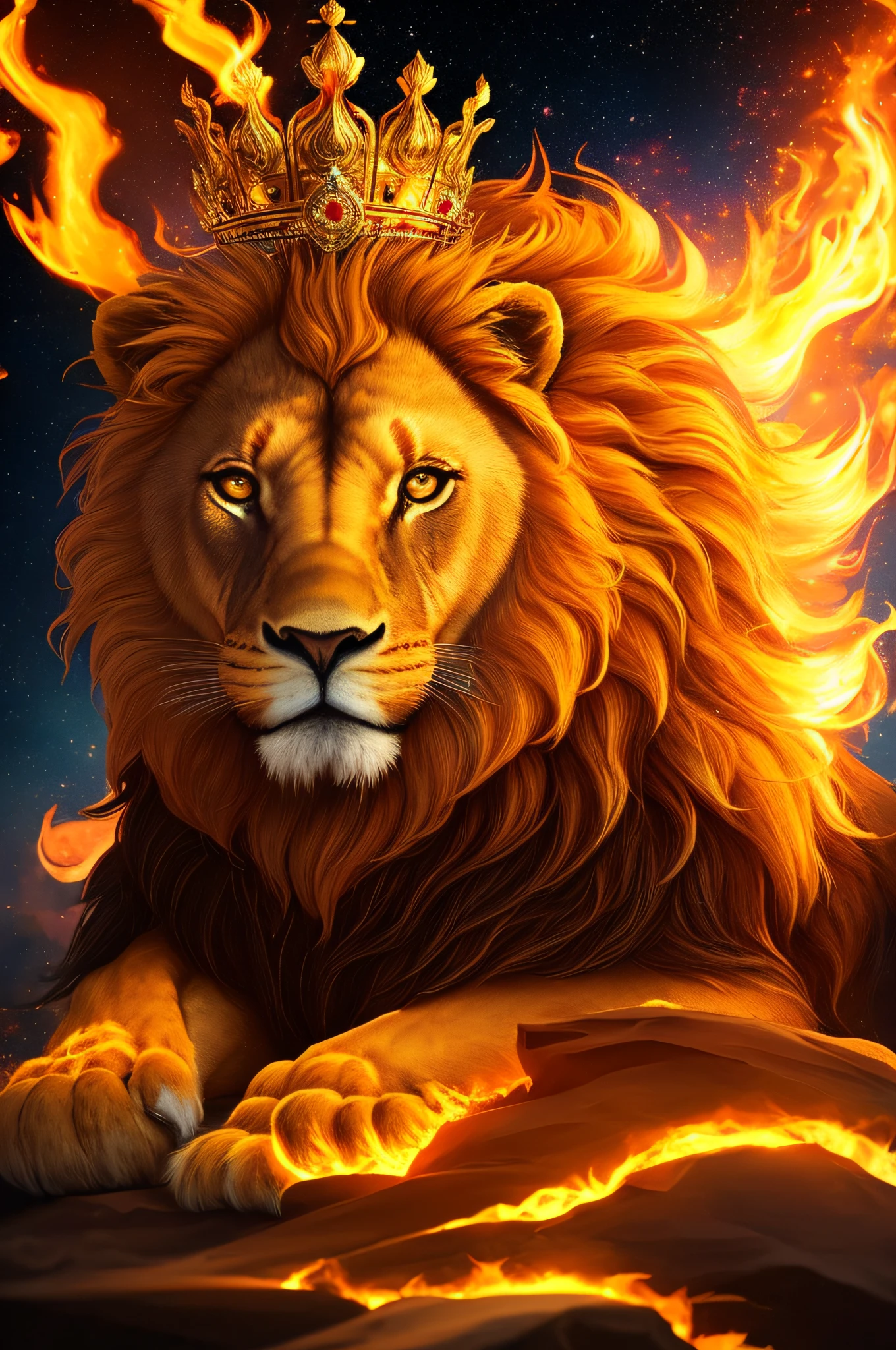 A royale King Lion full boby, galaxy background, magical 3D, full resolution RTX style with flaming eyes sitting on a throne, with a king's crown, captured through Photography with a 35 mm lens. Inspired by the art of National Geographic photographers, the scene depicts the majestic lion, majestic and powerful. The color temperature is warm, with golden tones enhancing the lion's grandeur. The lion's eyes burn with intense flames, emanating a sense of authority and dominance. The lighting casts dramatic shadows, creating a captivating, symmetrical, full body, big angle, rtx atmosphere