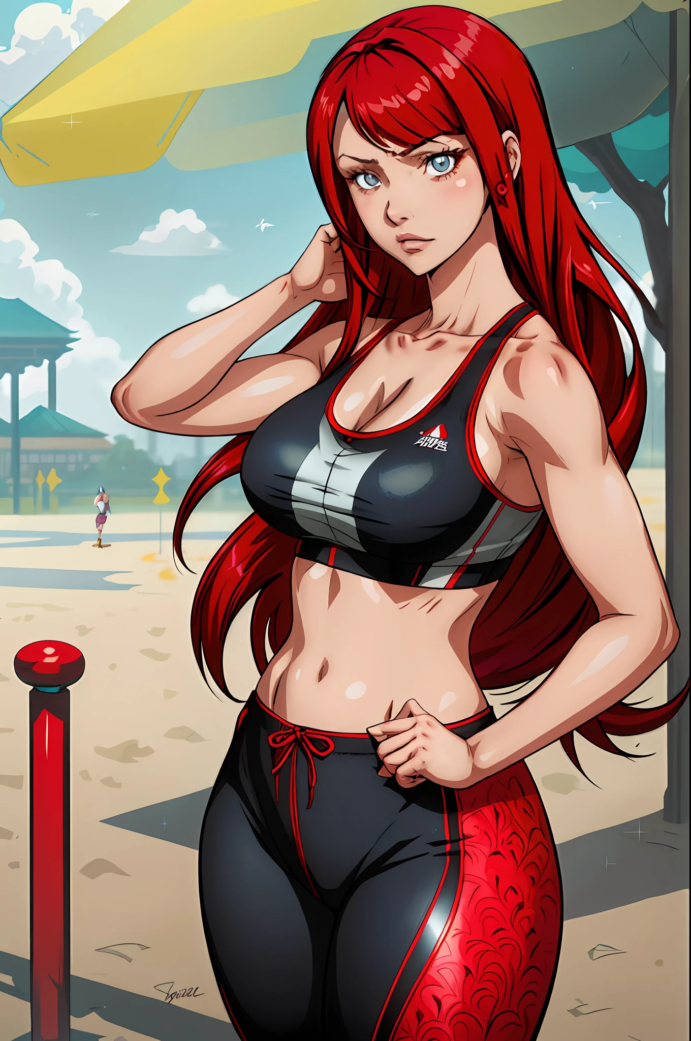 1girl, highres, sharp focus, pixiv masterpiece, ((intricate details)), highly detailed, one eye, detailed eyes, fair skin, scarlet colored hair, Erza scarlet,costume: sportswear, leggings, sports bra, joy ride style, ilya kuvshinov,Anime Moe Artstyle, Female anime character, Anime character,