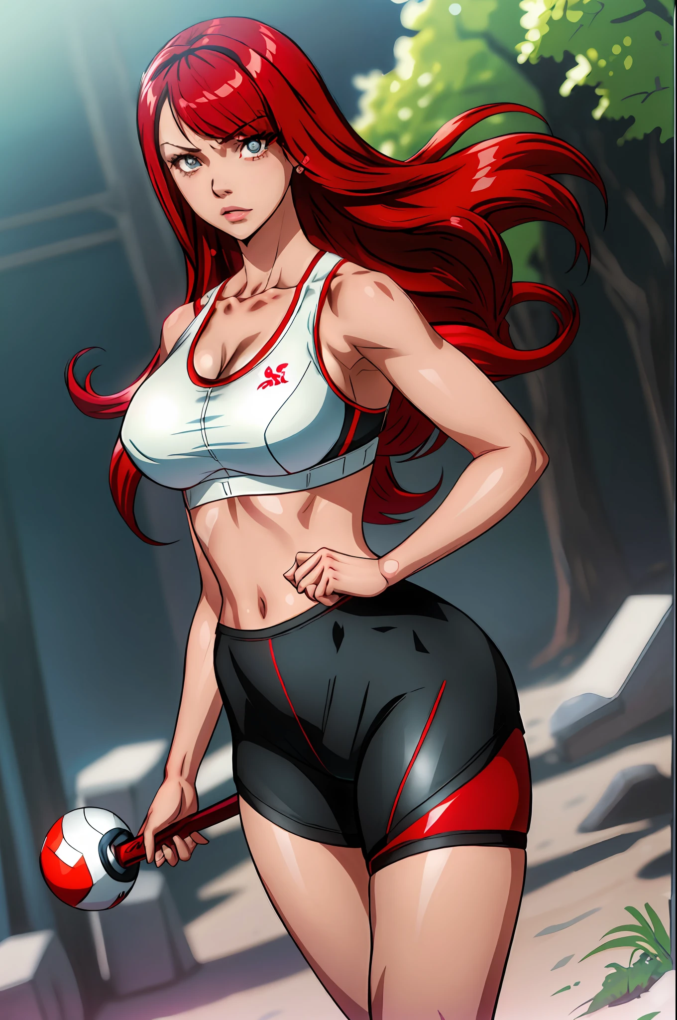 1girl, highres, sharp focus, pixiv masterpiece, ((intricate details)), highly detailed, one eye, detailed eyes, fair skin, scarlet colored hair, Erza scarlet,costume: sportswear, leggings, sports bra, joy ride style, ilya kuvshinov,Anime Moe Artstyle, Female anime character, Anime character,