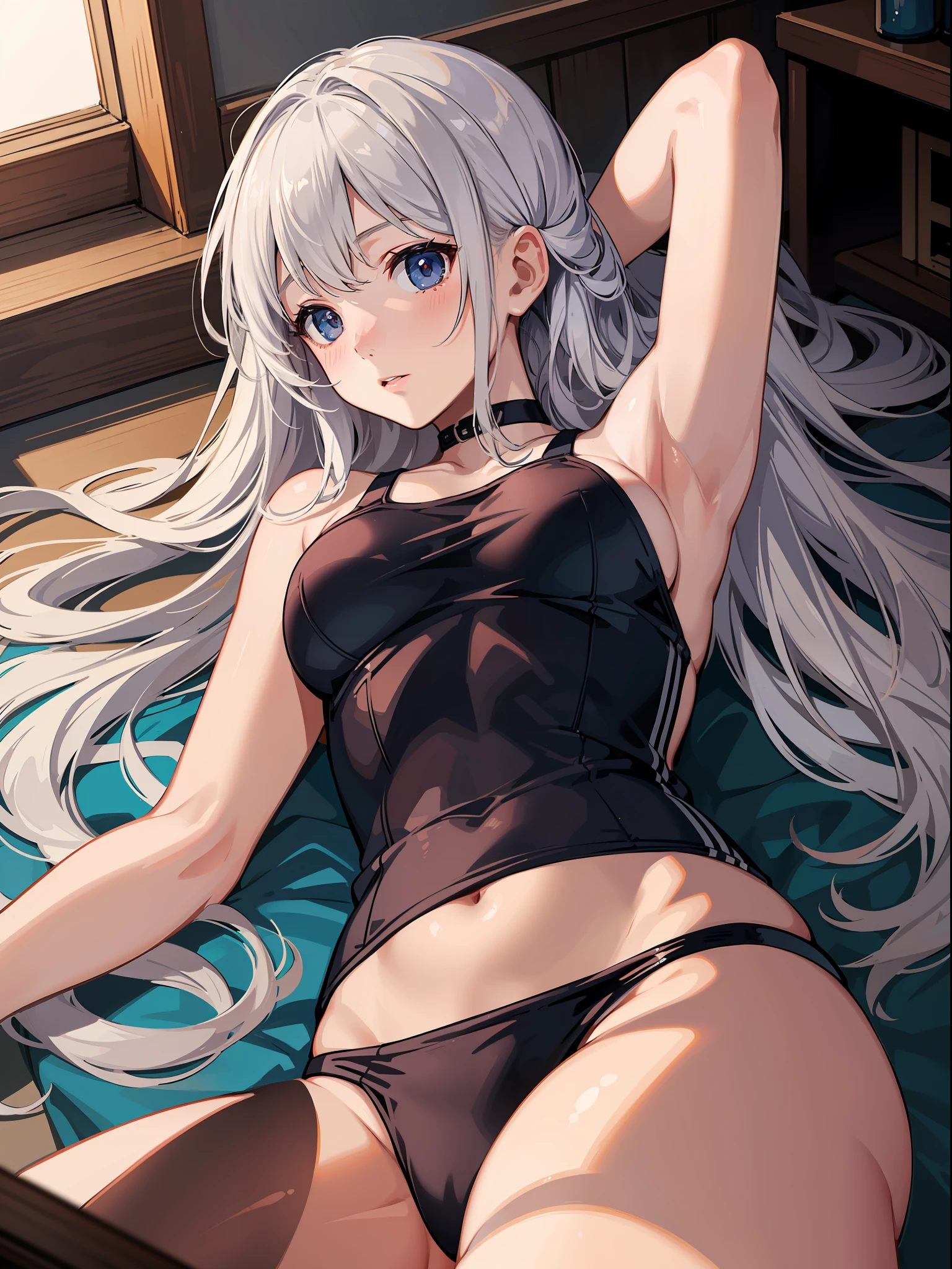 High resolution, top quality, super detail, fine detail, slender beautiful girl, school swimsuit, no blush, lying composition, lying down, club room, bite