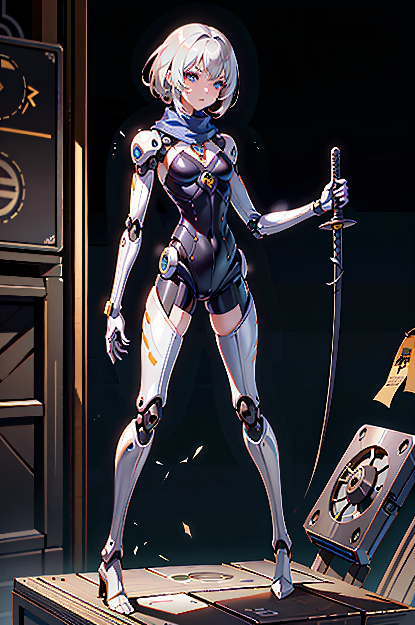 (((masterpiece))), ((best quality)), (ultra-detailed), (CG illustration), (an extremely devious and beautiful)), (cute desktop face), cinematic light, ((1 mechanical girl)), single, ((full)), ( Machine-made joints: 1.4), ((mechanical limbs)), ((standing)), expressionless, (character focus), sci-fi, gray hair, short hair, purple eyes, (((katana))), mid-chest, scarf, prosthetics, ((mechanical legs))