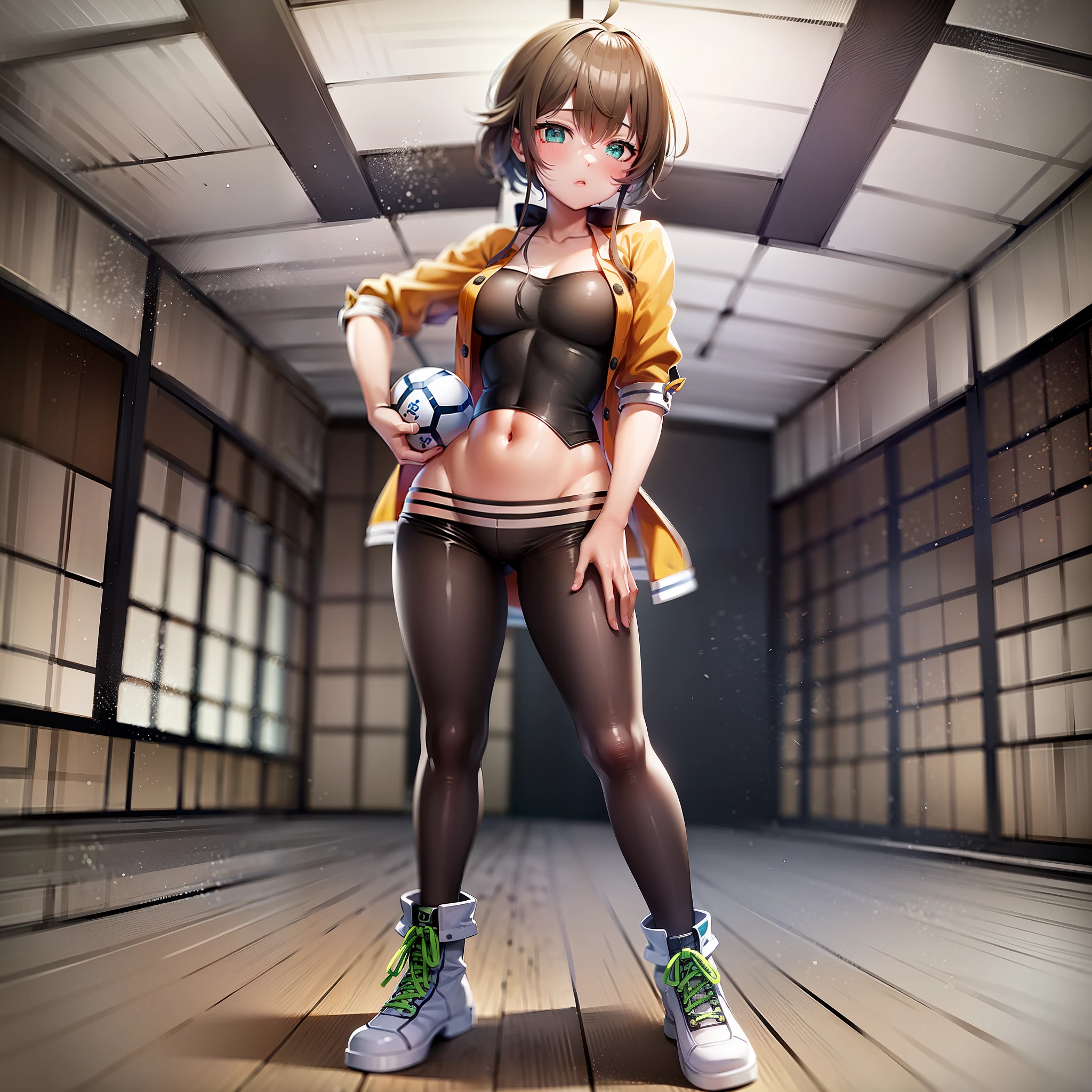 Color artwork of a stunning 2D anime masterpiece featuring the beloved Hololive EN character Nekomata Okayu, dressed in a Brighton & Hove Albion Football Club uniform and holding a soccer ball with her foot. The character stands confidently in a straight-on position, with intricate details in her face, eyes, and background. The lighting is perfect, highlighting her features and adding depth to the scene. The character's full body is visible, shown in a cowboy shot, with one hand resting on her hip and the other gracefully holding the ball. She wears a hoodie, white pants, and sweatpants, conveying a sense of comfort and relaxation. An onigiri is seen in the foreground, adding a sense of warmth and familiarity to the scene. Her figure is depicted as lora:okayu-20:1, with an emphasis on her comforting presence and ample breasts. The photo is taken with the highest quality 2D rendering technology available, ensuring that every detail of the Brighton & Hove Albion Football Club uniform is captured perfectly. The shot is a collaboration between renowned anime artists, including Yoshiyuki Sadamoto, Masakazu Katsura, and Nobuhiro Watsuki, working in conjunction with talented digital artists and illustrators to create a masterpiece that captures the essence of Nekomata Okayu in a Brighton & Hove Albion Football Club uniform.