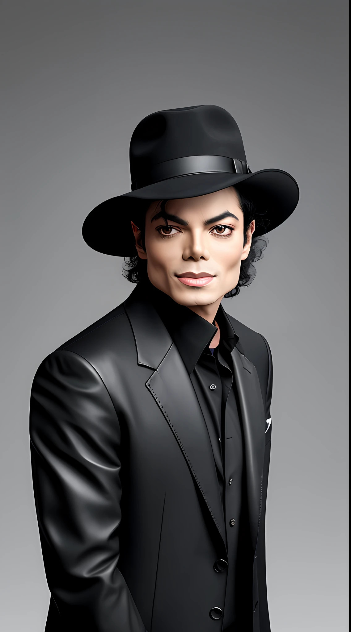 Michael Jackson, wearing black hat, background gradient, original simulation style, charming look, charming expression. Sitting on a leather couch, dressed in a black suit and with a shiny aluva in your right hand, pay close attention to details like highlights and shadows on your face and hair to create a realistic and realistic image. Try different lighting techniques to improve the mood and atmosphere of your portrait. Highly detailed skin, Skin detail, Sharp focus, Volumetric fog, 8K UHD, SLR, High quality, Film grain, Fujifilm XT3, (Best quality: 1.4), (Masterpiece: 1.4)