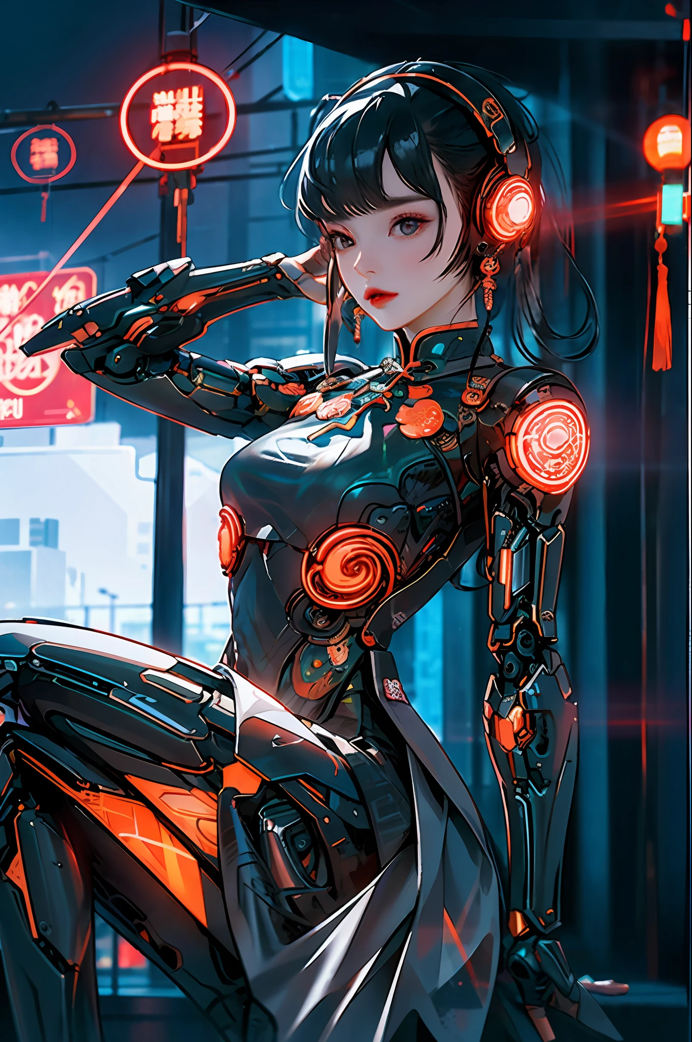 1 girl, Chinese_clothes, black and orange, cyberhan, cheongsam, cyberpunk city, dynamic pose, glowing headphones, glowing hair accessories, long hair, glowing earrings, glowing necklace, long straight hair flying messy, silver hair, cyberpunk, high-tech city, full of mechanical and futuristic elements, futurism, technology, glowing neon, orange, orange light, laser, digital background city sky, big moon, with vehicle, best quality, masterpiece, 8K, character edge light, Super high detail, high quality, the most beautiful woman in human beings, background many advertising light boxes