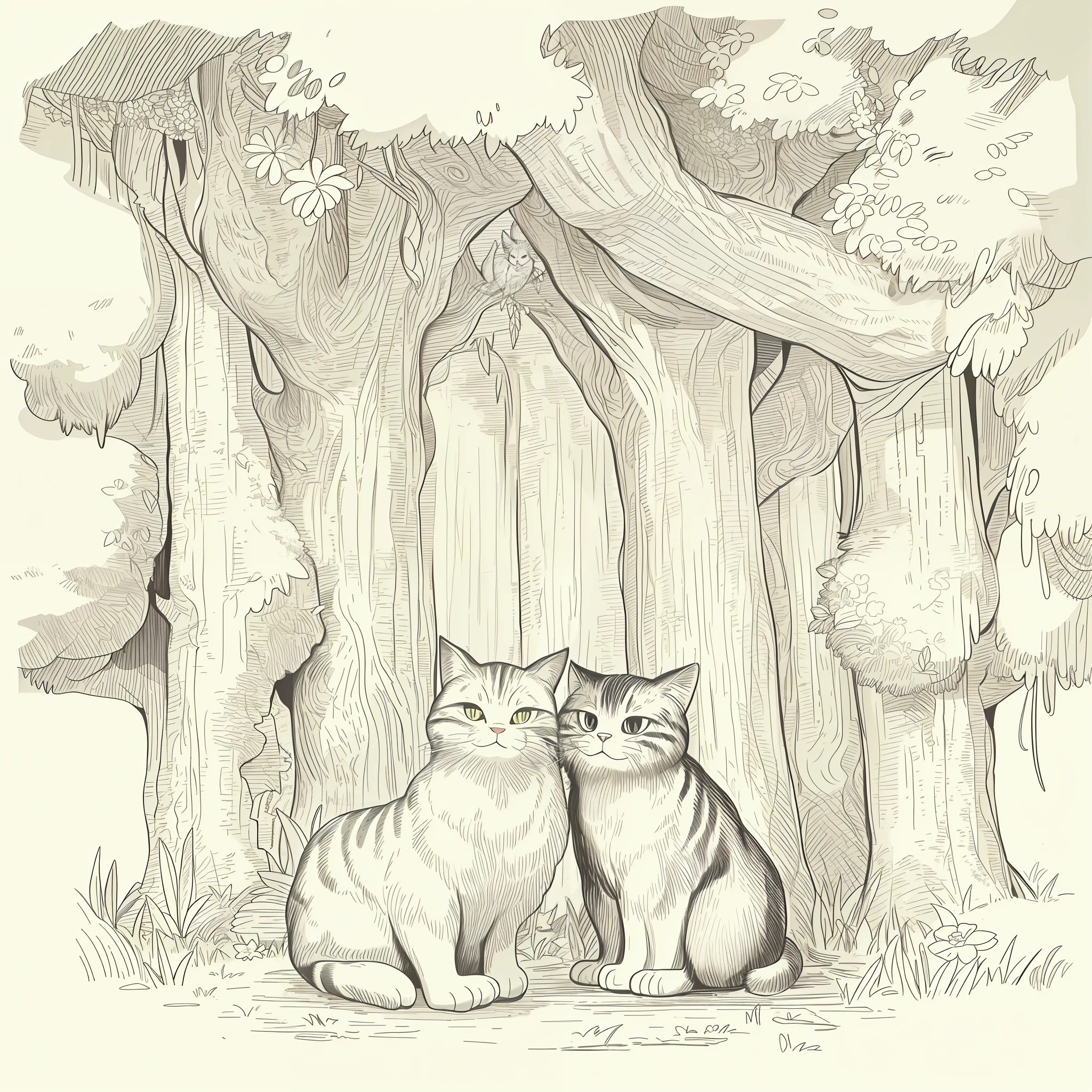 (High quality, 8k) line drawing, lineart, black and white, cute and fluffy cat in the forest with trees and flowers