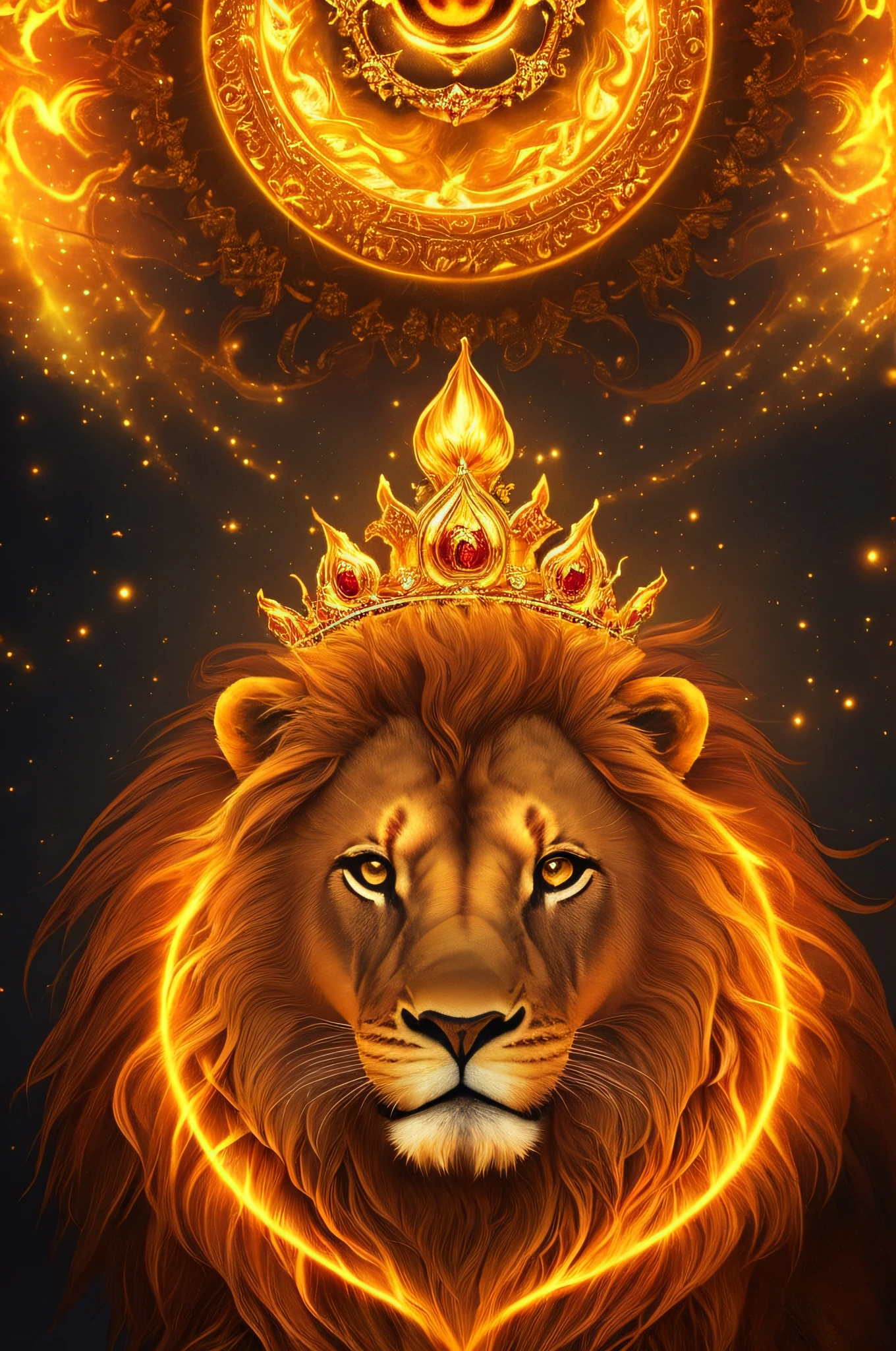 A royale King Lion full boby, galaxy background, magical 3D, full resolution RTX style with flaming eyes sitting on a throne, with a king's crown, captured through Photography with a 35 mm lens. Inspired by the art of National Geographic photographers, the scene depicts the majestic lion, majestic and powerful. The color temperature is warm, with golden tones enhancing the lion's grandeur. The lion's eyes burn with intense flames, emanating a sense of authority and dominance. The lighting casts dramatic shadows, creating a captivating, symmetrical, full body, big angle, rtx atmosphere