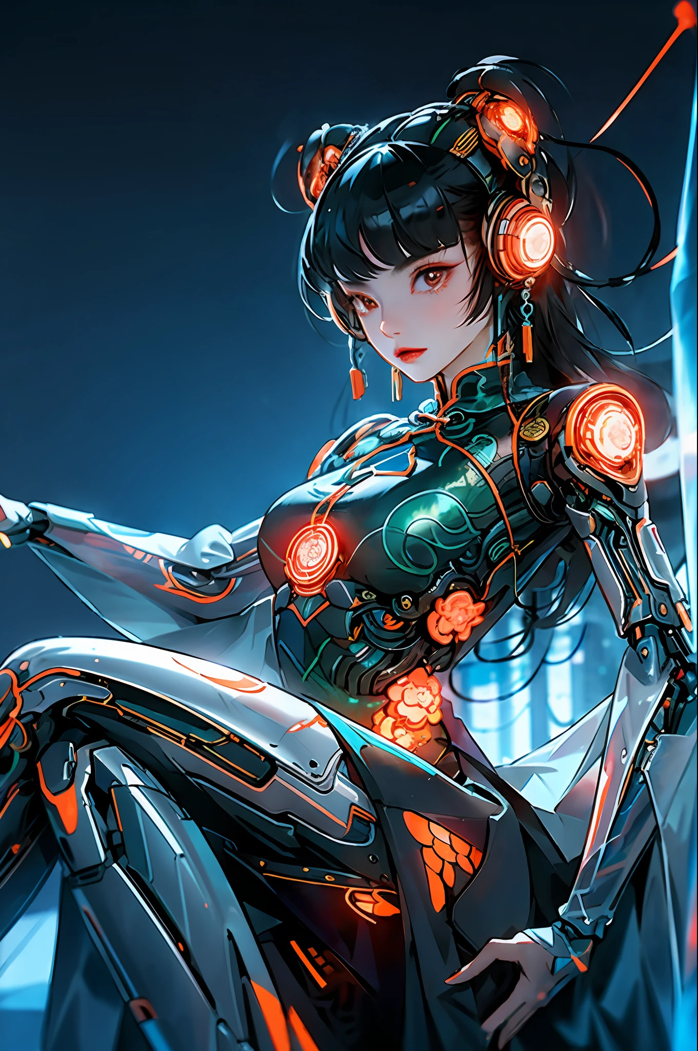 1 girl, Chinese_clothes, black and orange, cyberhan, cheongsam, cyberpunk city, dynamic pose, glowing headphones, glowing hair accessories, long hair, glowing earrings, glowing necklace, long straight hair flying messy, silver hair, cyberpunk, high-tech city, full of mechanical and futuristic elements, futurism, technology, glowing neon, orange, orange light, laser, digital background city sky, big moon, with vehicle, best quality, masterpiece, 8K, character edge light, Super high detail, high quality, the most beautiful woman in human beings, background many advertising light boxes