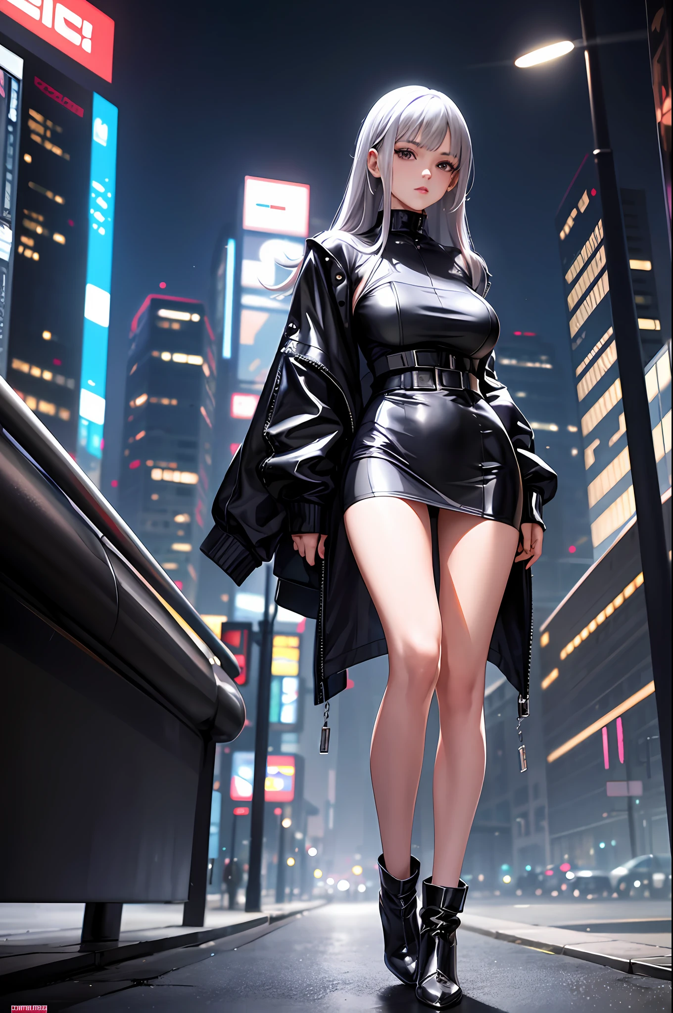Masterpiece, full body view, mainly beautiful slender hottie girl, girl looking down, realistic photo, girl character standing pose, angle from below, lifting skirt, cyberpunk night street background, silver hair, shiny hair, futuristic silver ruffled micro mini skirt, futuristic silver leather jacket, black boots with silver pattern, beautiful breasts, beautiful thighs, Beautiful waist, light particles, pixiv, high quality, 8K, masterpiece, high definition, fine details