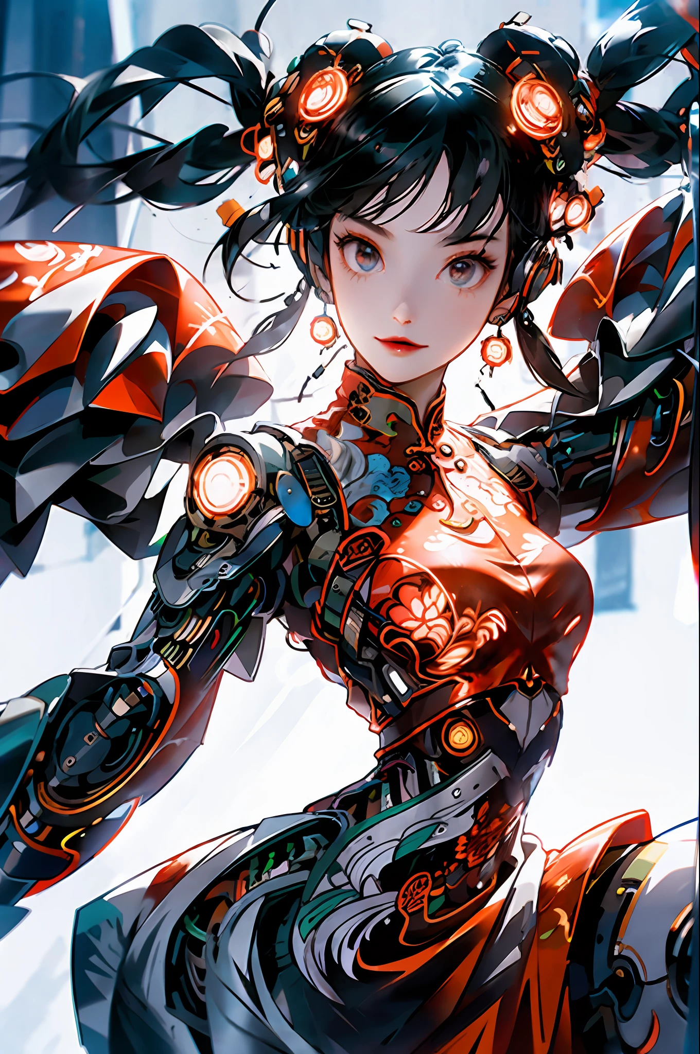 1 girl, Chinese_clothes, white and orange, cyberhan, cheongsam, cyberpunk city, dynamic pose, glowing headphones, glowing hair accessories, long hair, glowing earrings, glowing necklace, cyberpunk, high-tech city, full of mechanical and futuristic elements, futuristic, technology, glowing neon, orange, orange light, transparent tulle, transparent streamers, laser, digital background urban sky, big moon, with vehicles, best quality, masterpiece, 8K, character edge light, super high detail, High quality, the most beautiful woman in man, smiling slightly