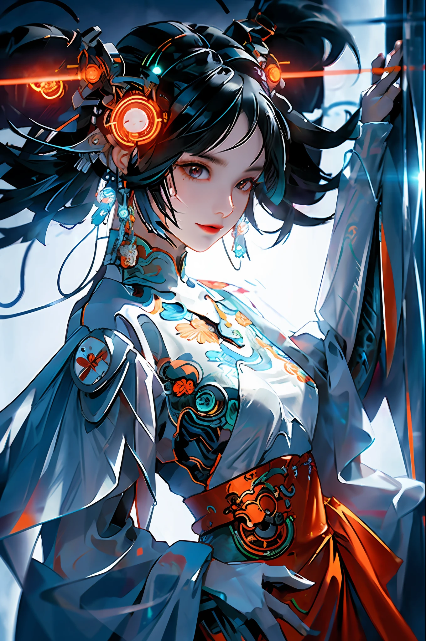 1 girl, Chinese_clothes, white and orange, cyberhan, cheongsam, cyberpunk city, dynamic pose, glowing headphones, glowing hair accessories, long hair, glowing earrings, glowing necklace, cyberpunk, high-tech city, full of mechanical and futuristic elements, futuristic, technology, glowing neon, orange, orange light, transparent tulle, transparent streamers, laser, digital background urban sky, big moon, with vehicles, best quality, masterpiece, 8K, character edge light, super high detail, High quality, the most beautiful woman in man, smiling slightly