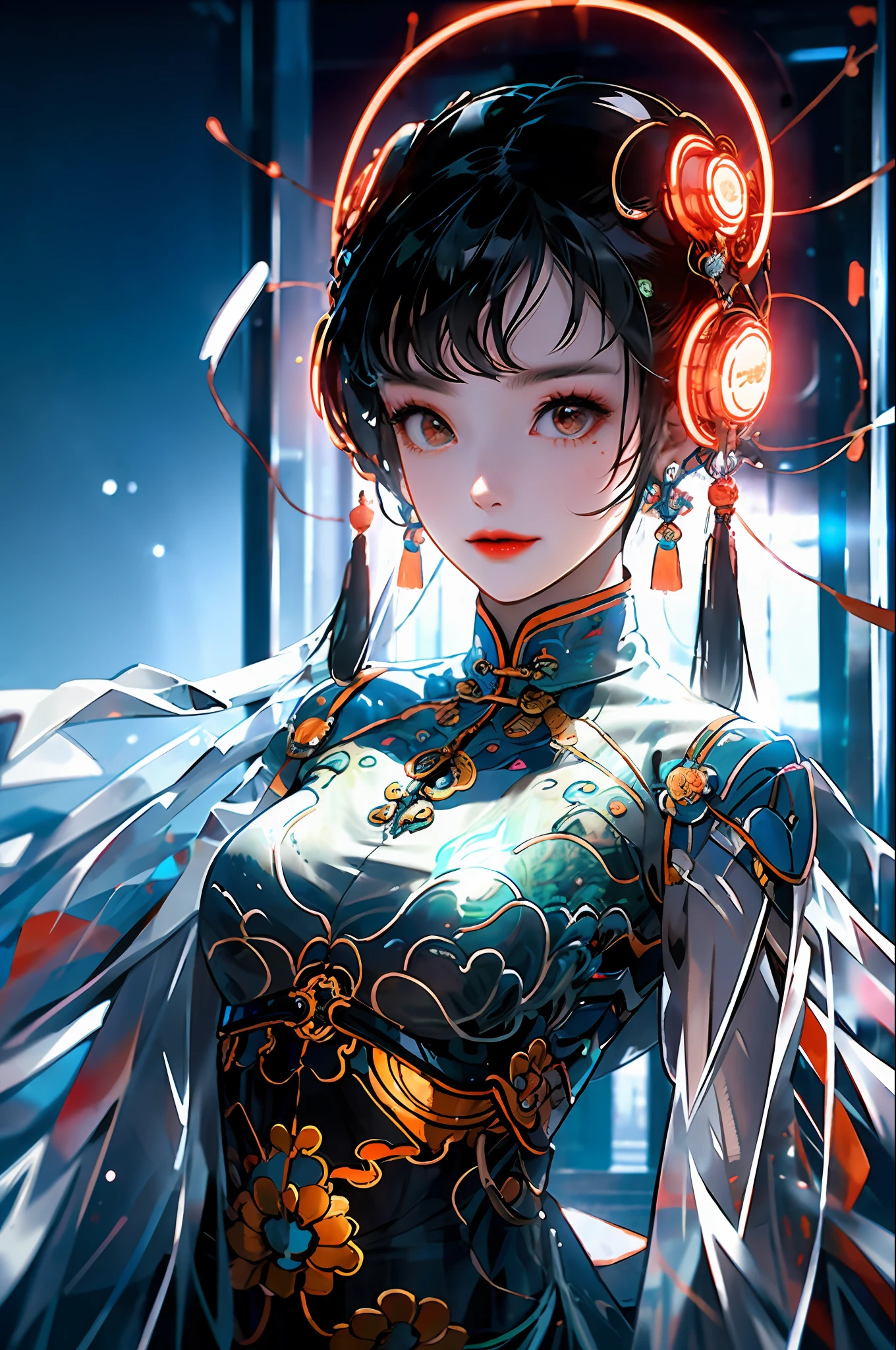 1 girl, Chinese_clothes, white and orange, cyberhan, cheongsam, cyberpunk city, dynamic pose, glowing headphones, glowing hair accessories, long hair, glowing earrings, glowing necklace, cyberpunk, high-tech city, full of mechanical and futuristic elements, futuristic, technology, glowing neon, orange, orange light, transparent tulle, transparent streamers, laser, digital background urban sky, big moon, with vehicles, best quality, masterpiece, 8K, character edge light, super high detail, High quality, the most beautiful woman in man, smiling slightly