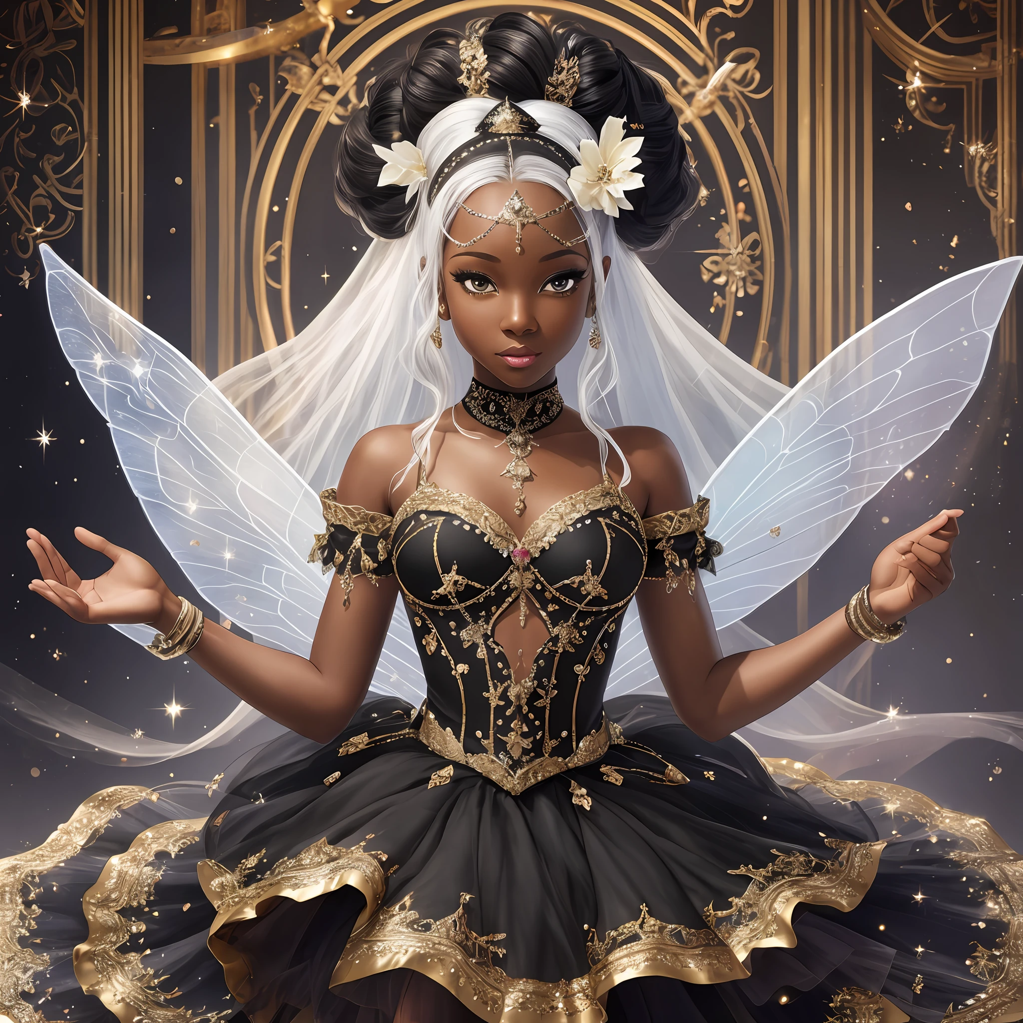 Masterpiece, best quality, ultra definition, best resolution, beautiful art, realistic skin, perfect skin, high definition skin, 8k, ultra definition, black fairy, 19 years old, white hair, sugar fairy, ballet, black fairy, sweets, black sugary fairy, sweets, beautiful, the nutcracker, black sugar fairy, black, black, white cebel, fairy, ballerina fairy, ballerina black fairy, black skin, black skin, skin, brown, black skin, black person's skin.