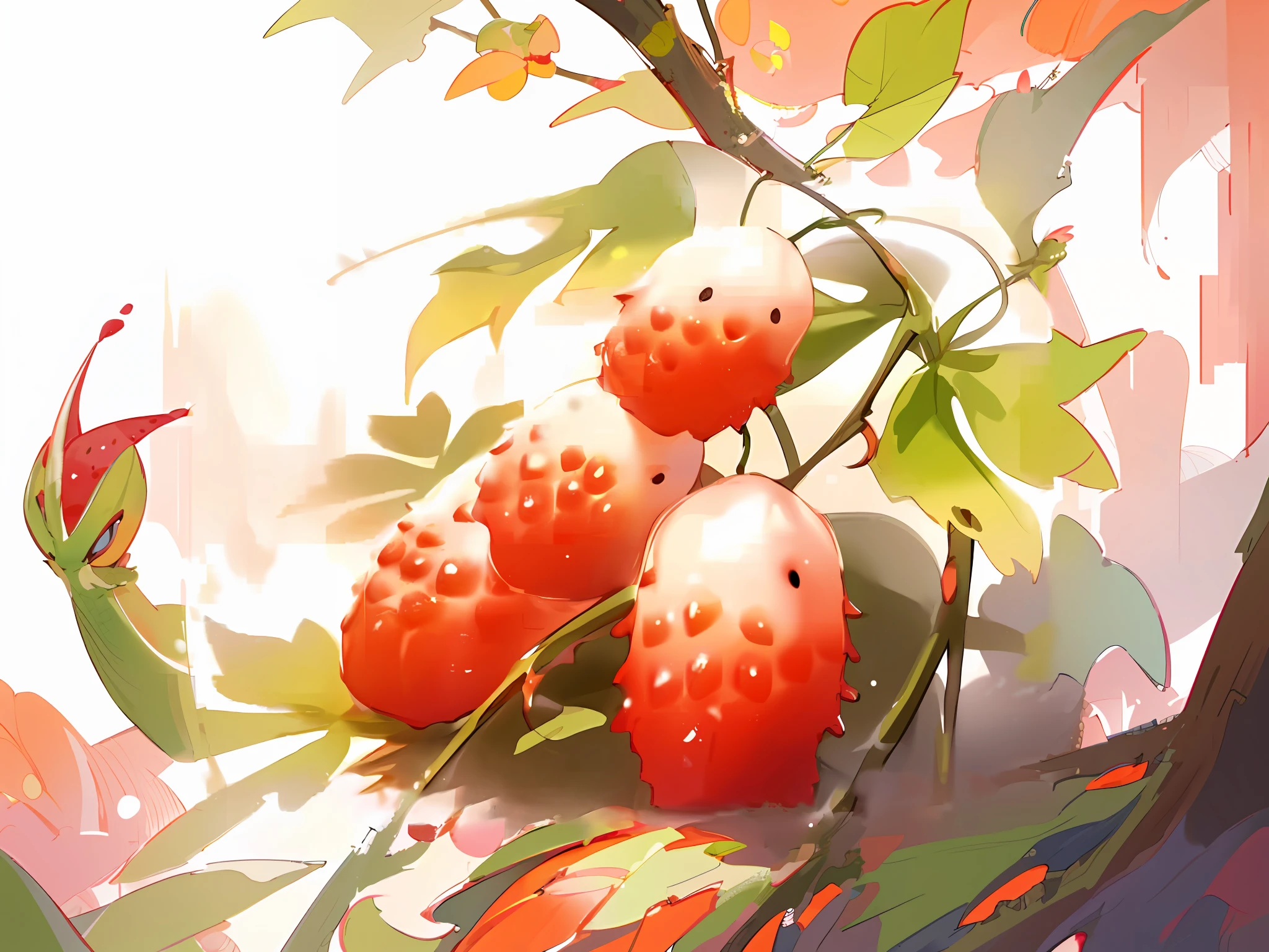 there are three strawberries on a branch with leaves on the ground, dragon fruits, fruit, artists rendition, fairy fruit. octane render, beautiful digital painting, by Yang J, by Shitao, by Yang Borun, rendered art, beautifully rendered, by Chen Chun, berries, digital art - w 640, a beautiful artwork illustration