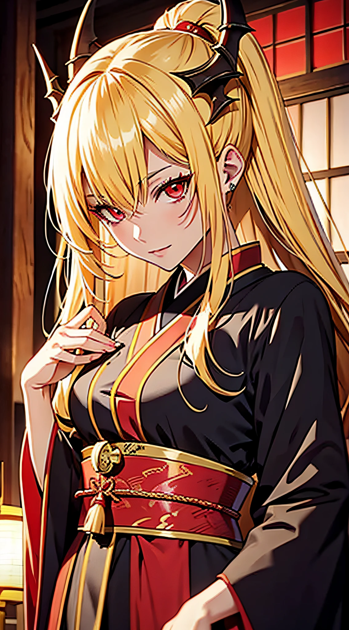 Dragon Lady, Blonde hair and red eyes, Japanese witch costume, Bright style, shrines, anime style, high detail, super detail, masterpiece, best quality
