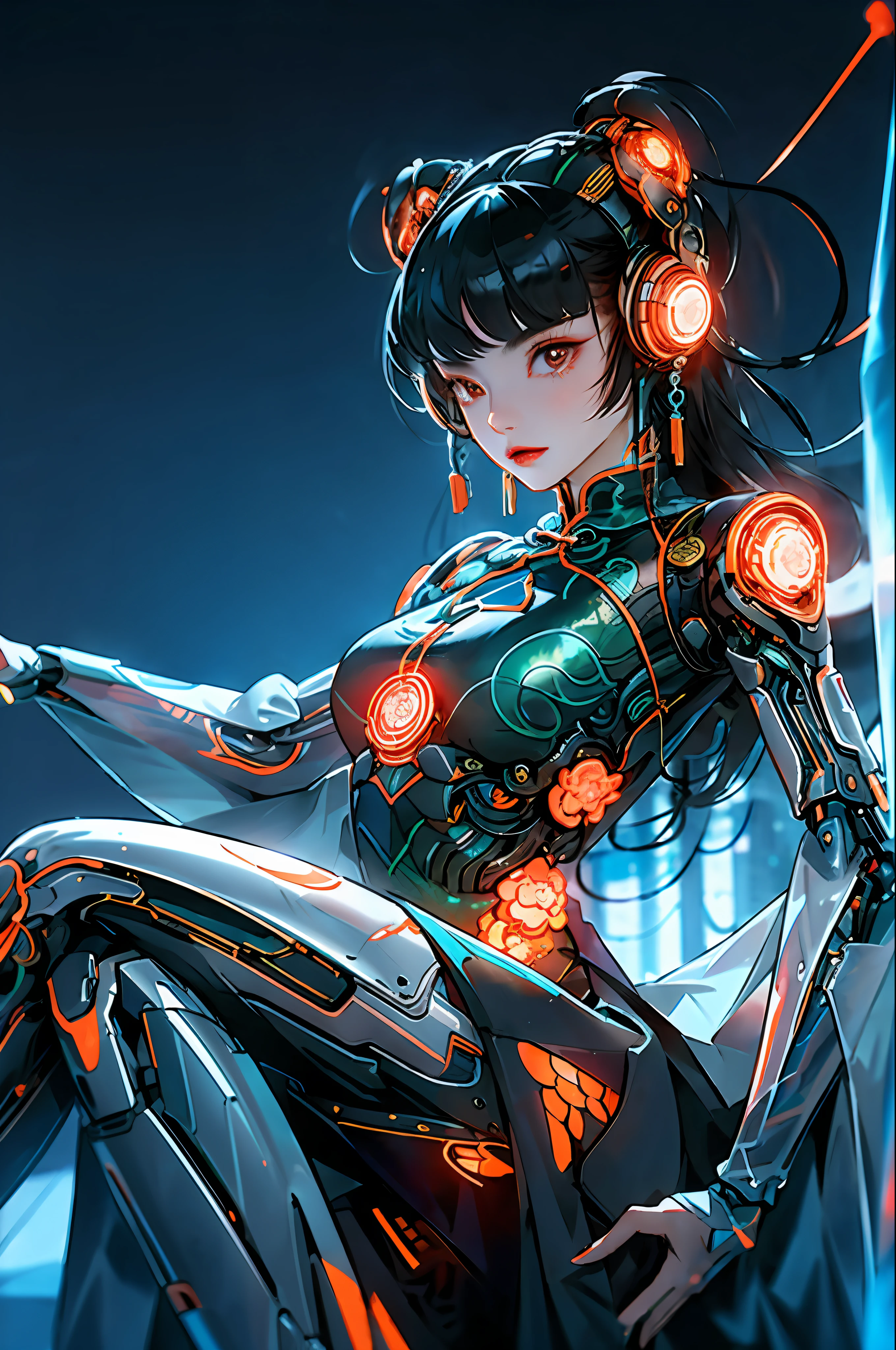 1 girl, Chinese_clothes, black and orange, cyberhan, cheongsam, cyberpunk city, dynamic pose, glowing headphones, glowing hair accessories, long hair, glowing earrings, glowing necklace, long straight hair flying messy, silver hair, cyberpunk, high-tech city, full of mechanical and futuristic elements, futurism, technology, glowing neon, orange, orange light, laser, digital background city sky, big moon, with vehicle, best quality, masterpiece, 8K, character edge light, Super high detail, high quality, the most beautiful woman in human beings, background many advertising light boxes