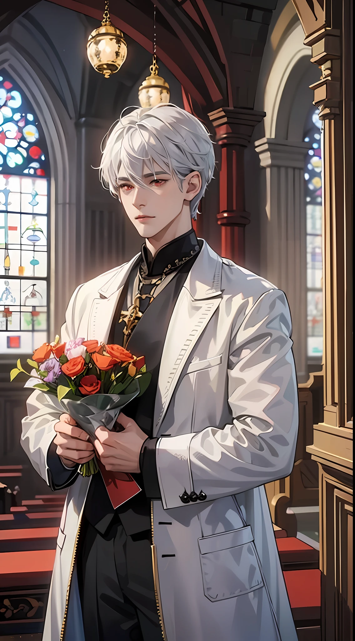 (a man: 1.2), silver hair, red eyes, standing in church: 1.6), (holding flowers: 1.4)