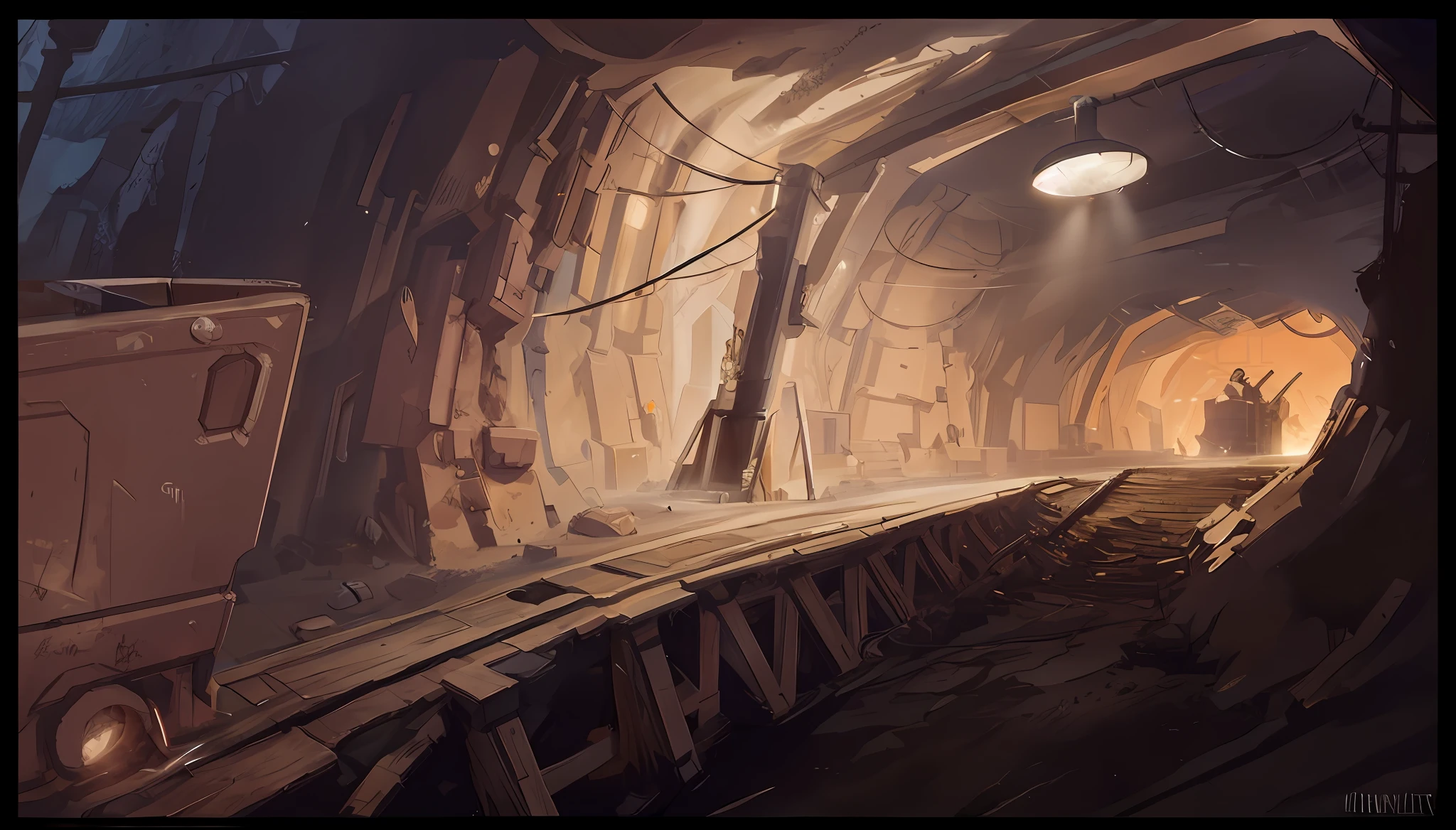 There was a minecart coming out of the tunnel in the dark light. concept art, concept art, environment, concept art, oil painting, concept art, digital painting, concept art, concept art scene, stefan koidl inspiration, underground mine, concept art! , Environment and Concept Art, Lighting Research, Unreal Engine Digital Painting, Concept Art!!, Environmental Art, Concept Art, Mine Walls, Mine Caves, Warm and Cold Contrasts