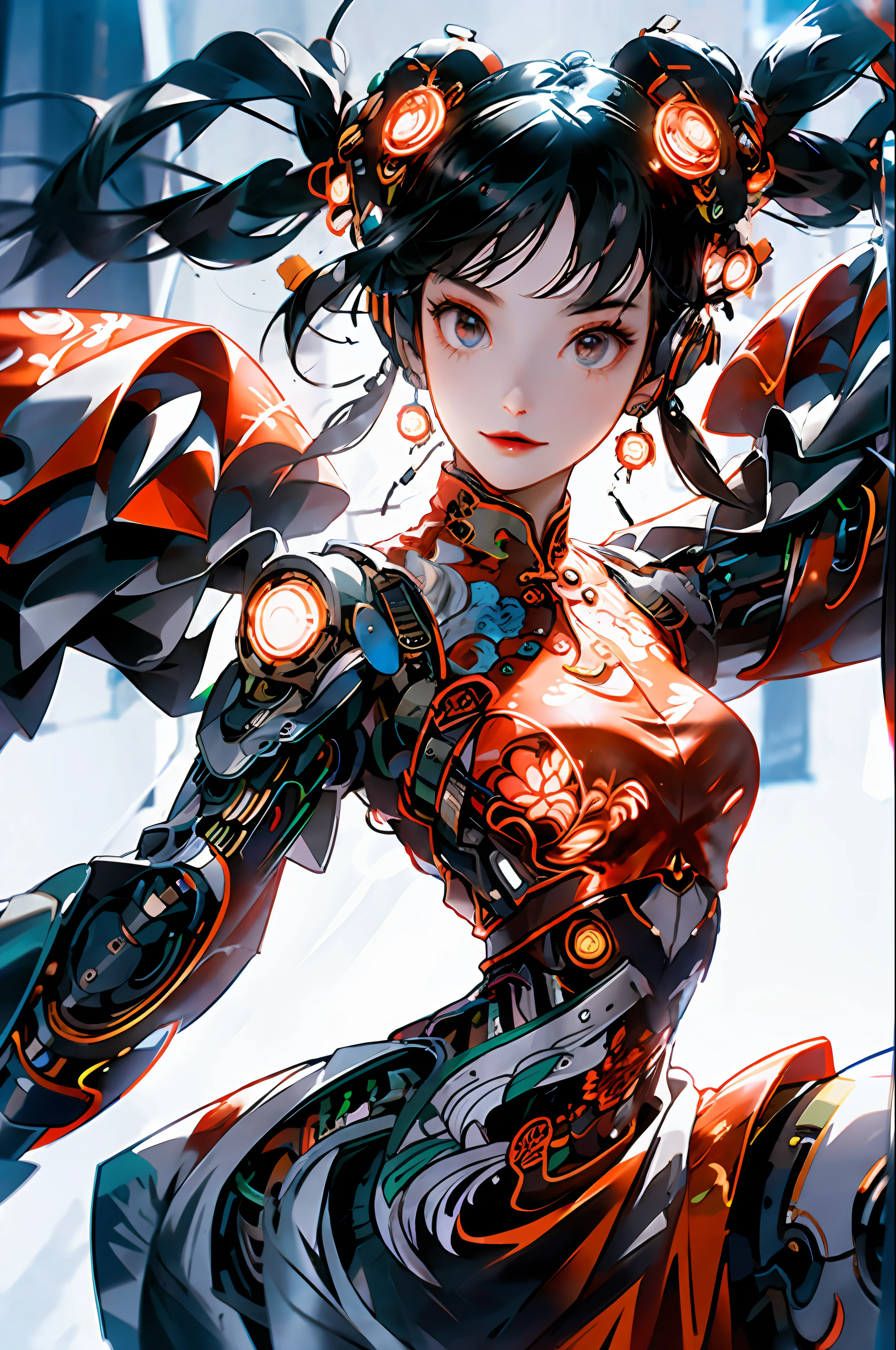 1 girl, Chinese_clothes, white and orange, cyberhan, cheongsam, cyberpunk city, dynamic pose, glowing headphones, glowing hair accessories, long hair, glowing earrings, glowing necklace, cyberpunk, high-tech city, full of mechanical and futuristic elements, futuristic, technology, glowing neon, orange, orange light, transparent tulle, transparent streamers, laser, digital background urban sky, big moon, with vehicles, best quality, masterpiece, 8K, character edge light, super high detail, High quality, the most beautiful woman in man, smiling slightly