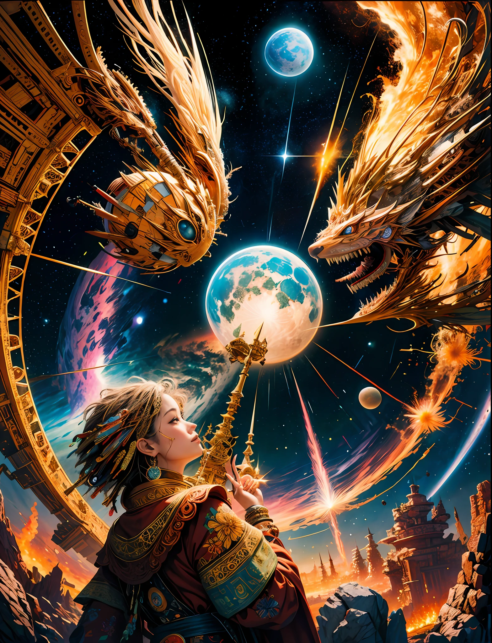 Official Art, Unified 8k Wallpaper, Ultra Detailed, Beautiful and Aesthetic, High Quality, (Yak: 1.6), Colorful National Costumes, Planet, Star Track, Nebula, Beauty, Masterpiece, Best Quality, (Zentangle, Mandala, Tangled, Entangle: 0.6),