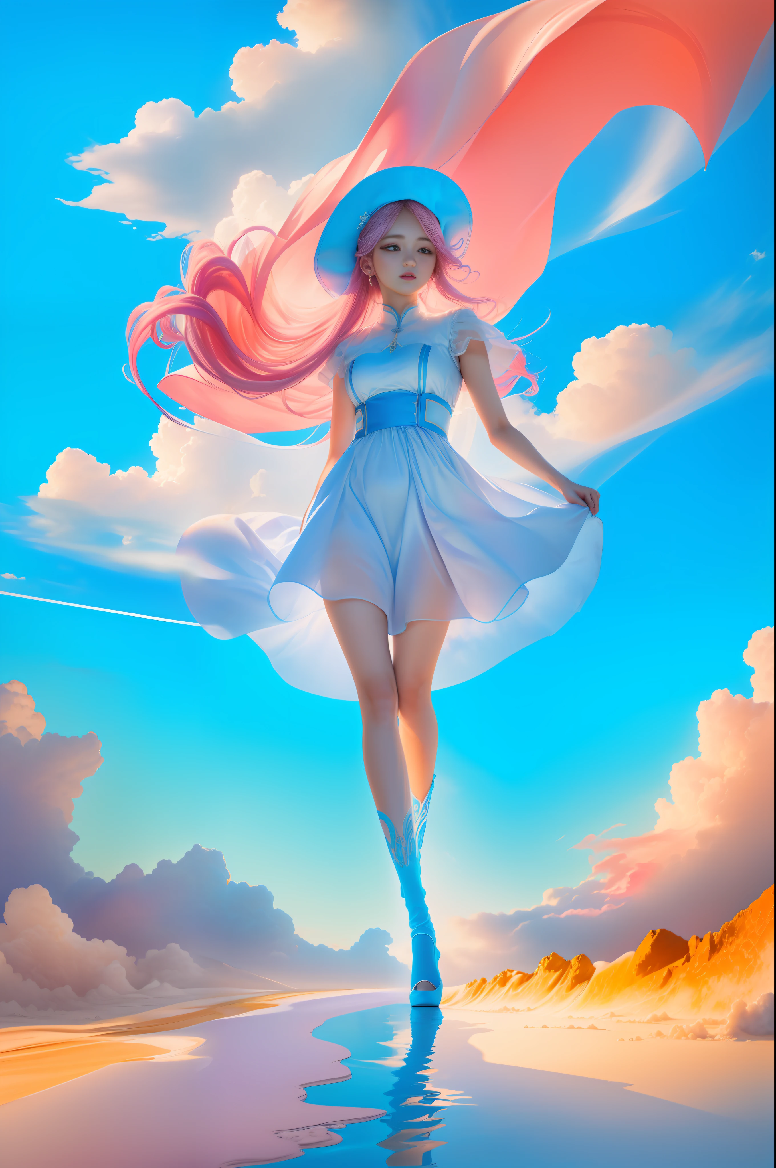(8k, RAW photo, photorealistic:1.25) ,( lip gloss, eyelashes, glossy side, shiny skin, best quality, ultra high resolution, depth of field, chromatic aberration, caustic, wide light, natural shadow, headwear, kpop idol) ,light pink and blue style, 1girl, (blue sky: 1.5), tall and thin beauty goddess, flowing dress, conservative girl, cloud goddess, flowing white fabric, wearing a flowing dress, realistic, (background with blue sky and white clouds: 1.4), (wind: 1.5), (full body: 1.5), add_detail,