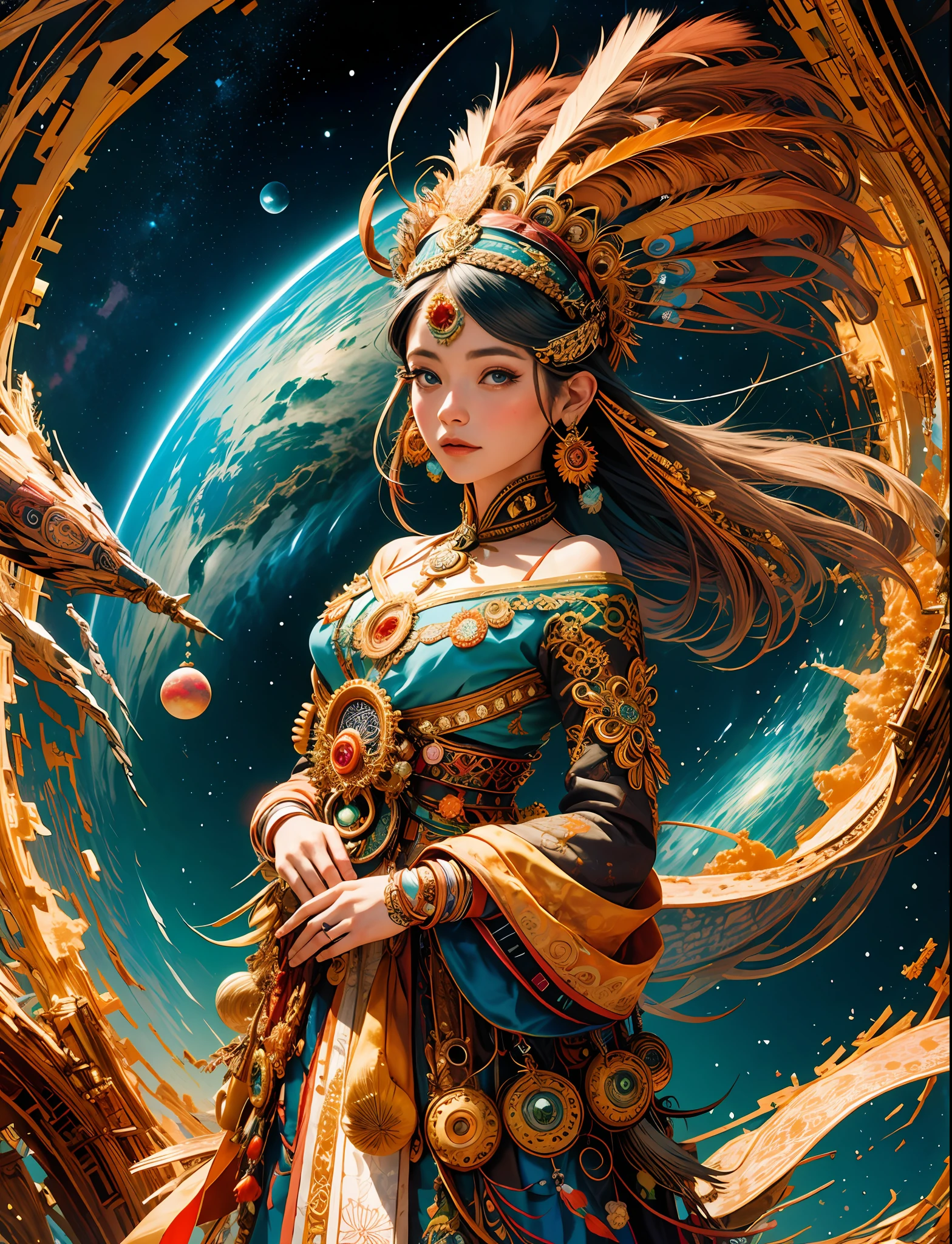 Official Art, Unified 8k Wallpaper, Ultra Detailed, Beautiful and Aesthetic, High Quality, Girl in Headdress, Colorful National Costumes, Planet, Star Track, Nebula, Beauty, Masterpiece, Best Quality, (Zentangle, Mandala, Tangled, Entangle: 0.6),