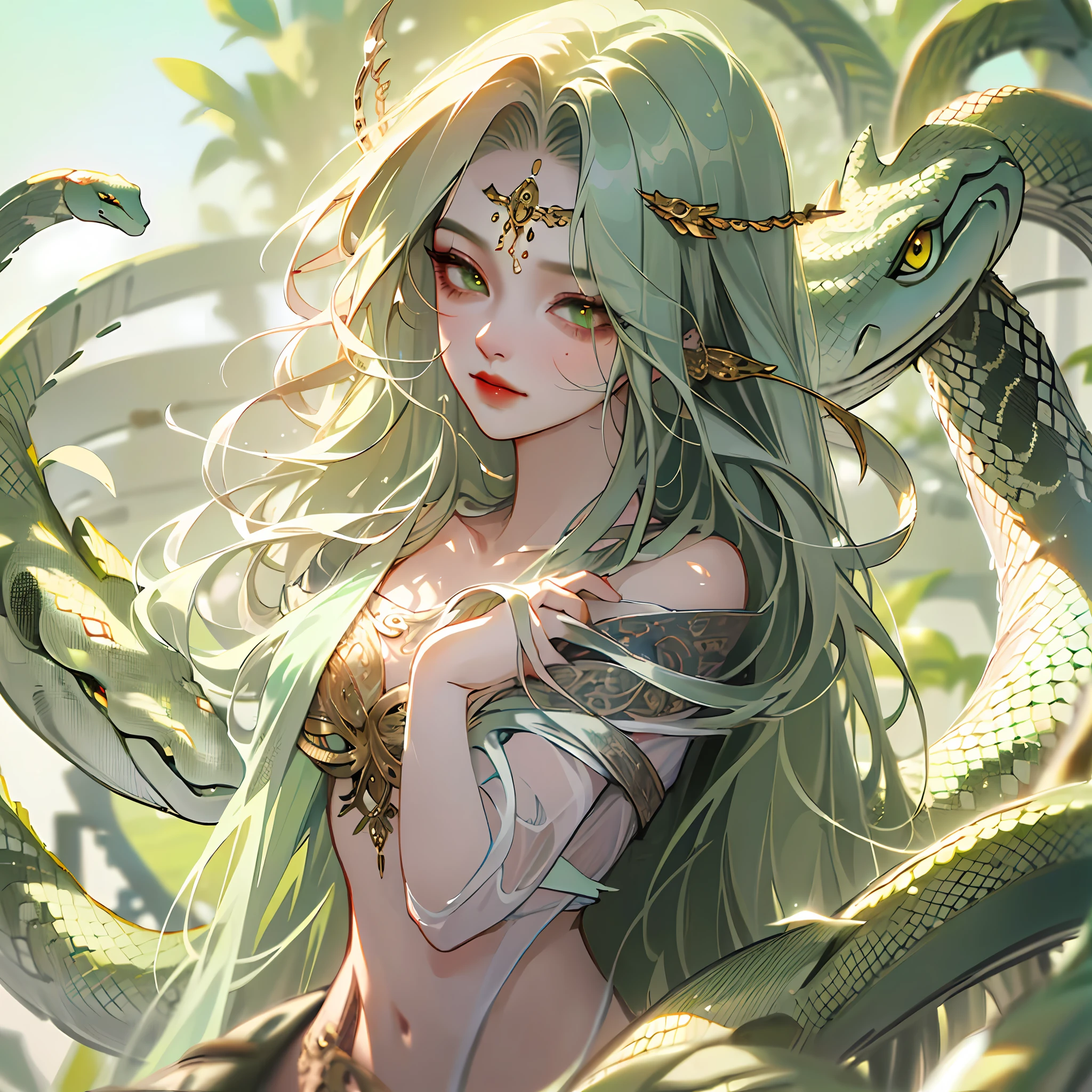 ((best quality)), ((masterpiece)), ((realistic)), Medusa, full body, hair is composed of numerous small snakes, green eyes, female face, top carved metal, real aura, trend in artstation, sharp focus, studio photo, intricate detail, very detailed, detailed eye, illustration, very detailed, sharp focus, digital rendering, professional, 16k, snake hair