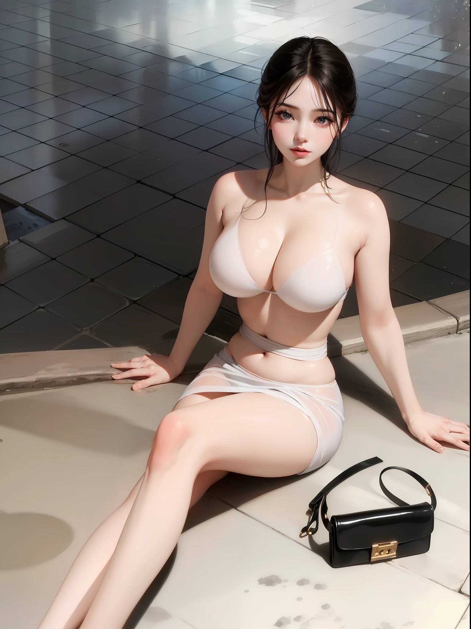 The best quality, delicate face, shiny eyes, smooth skin, plump breasts, huge breasts, huge breasts, huge breasts, huge breasts, breasts squeezed against each other, black hair, beautiful legs