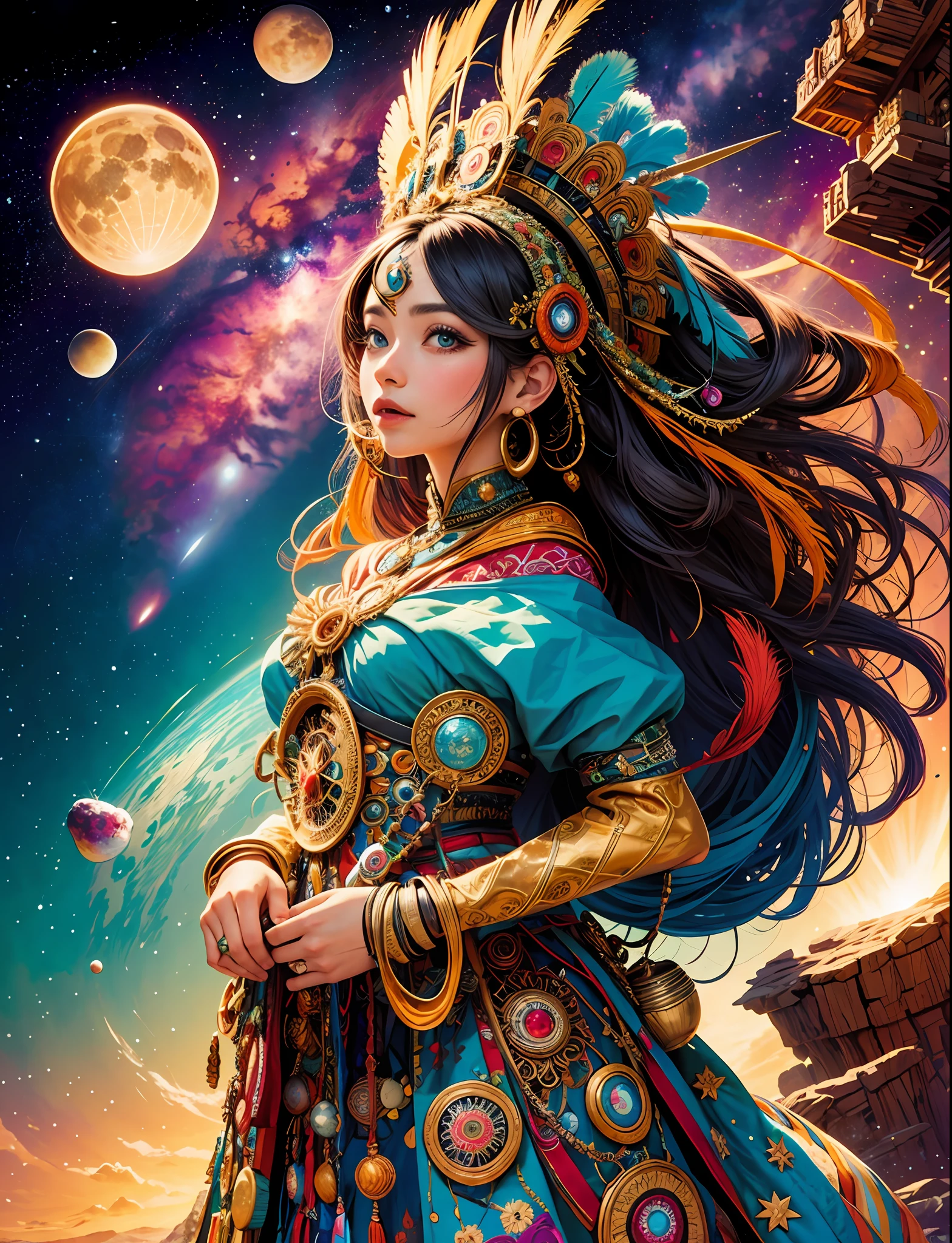 Official Art, Unified 8k Wallpaper, Ultra Detailed, Beautiful and Aesthetic, High Quality, Girl in Headdress, Colorful National Costumes, Planet, Star Track, Nebula, Beauty, Masterpiece, Best Quality, (Zentangle, Mandala, Tangled, Entangle: 0.6),