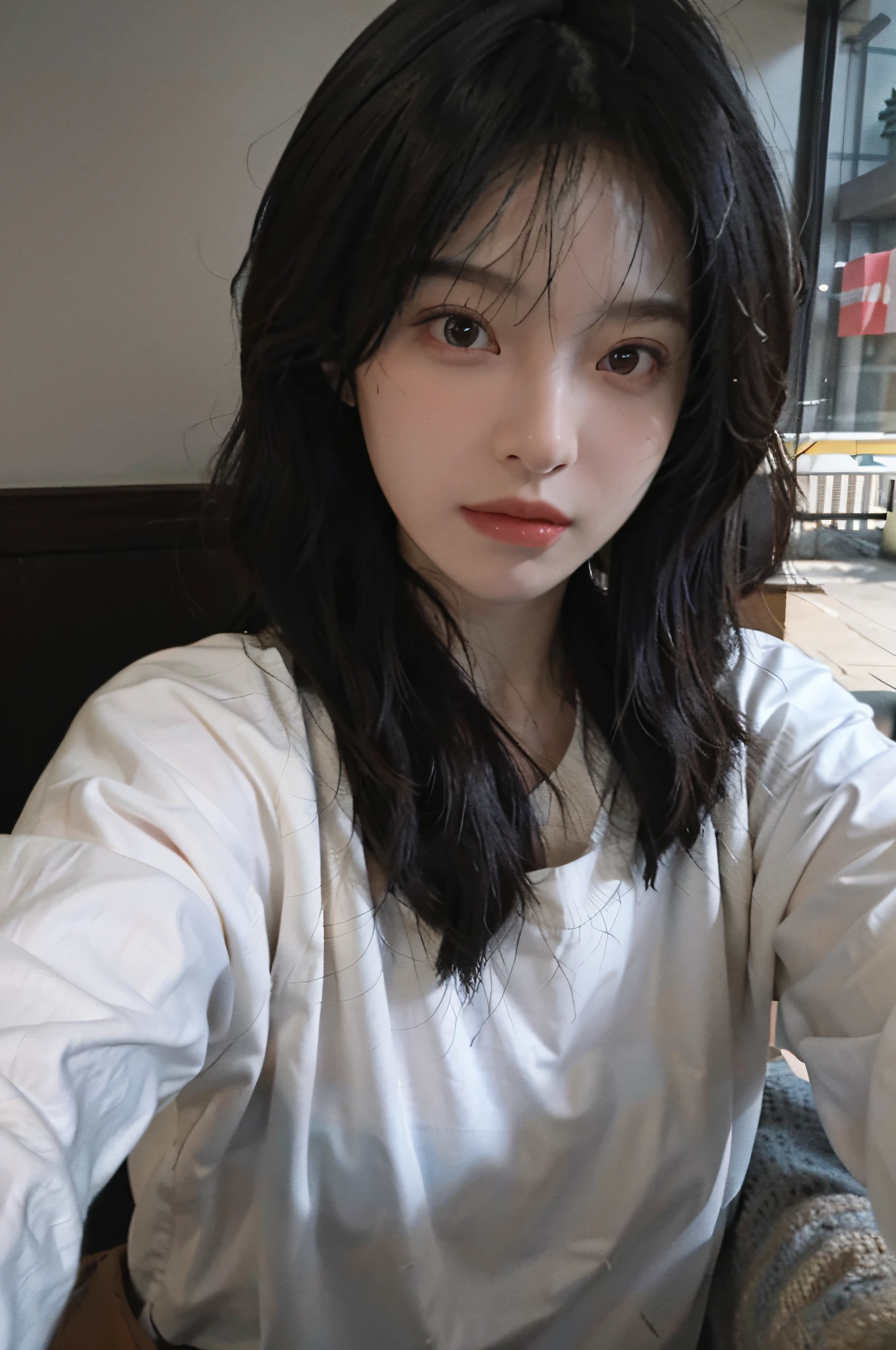 8K, Best Quality, Masterpiece, Ultra High Resolution, (Realism: 1.4), Original Photo, (Realistic Skin Texture: 1.3), (Film Grain: 1.3), (Selfie Angle), 1 Girl, Beautiful Eyes and Face Details, Masterpiece, Best Quality, Close-up, Upper Body, Looking at the Viewer