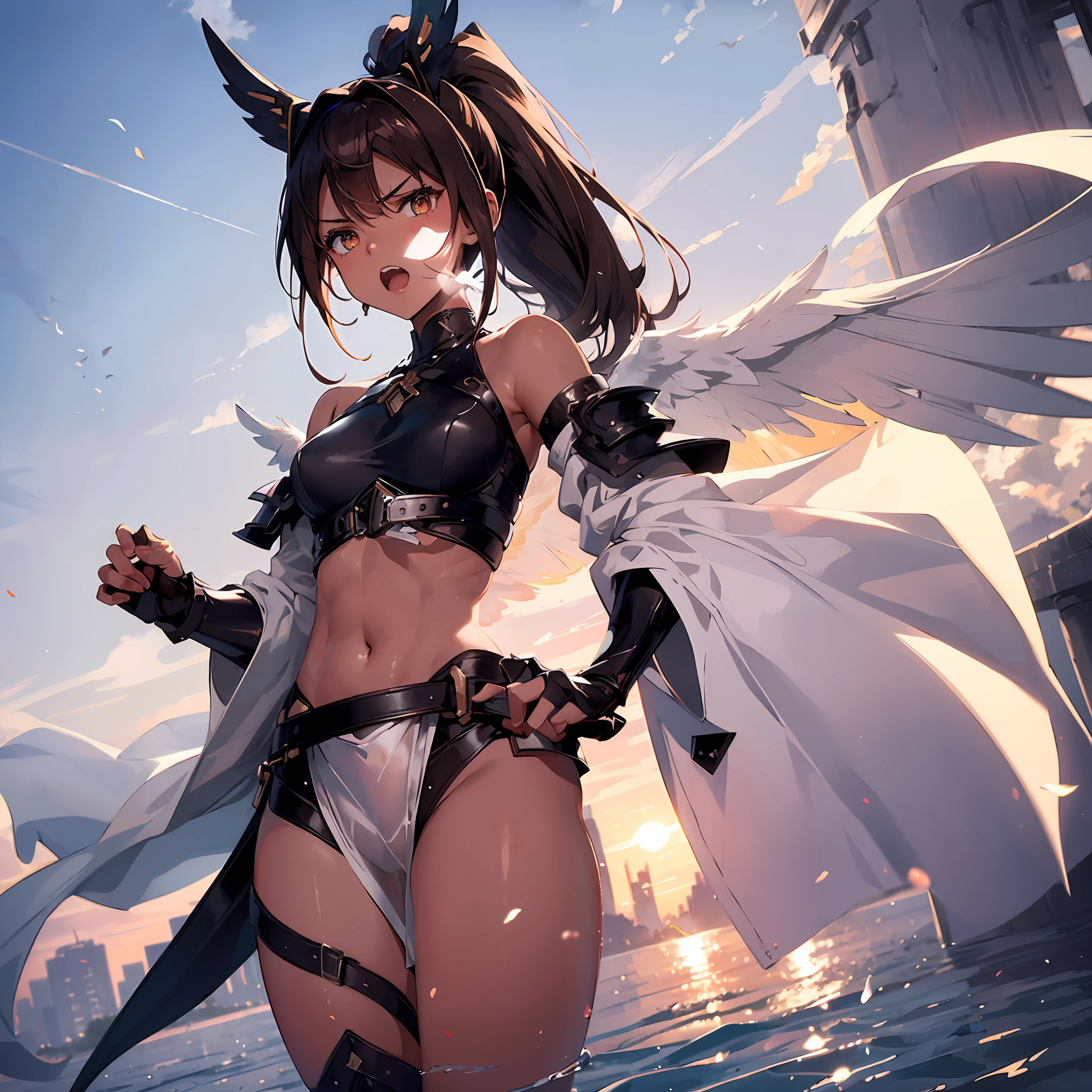 fantasy, 1angel_girl, brown_hair, ponytail_hair, (dark_skin)+, stout, bare_shoulder, navel, thigh,silver_shiny_armor, white_clothes,waist_armor, grebe, hold_swords, big_, angry, dynamic_fighting_pose, floating, (1pair_white_wings), sunrise_city_background,(pelvic_curtain)++, open_mouth, headgear, large_ass,public_indecency,