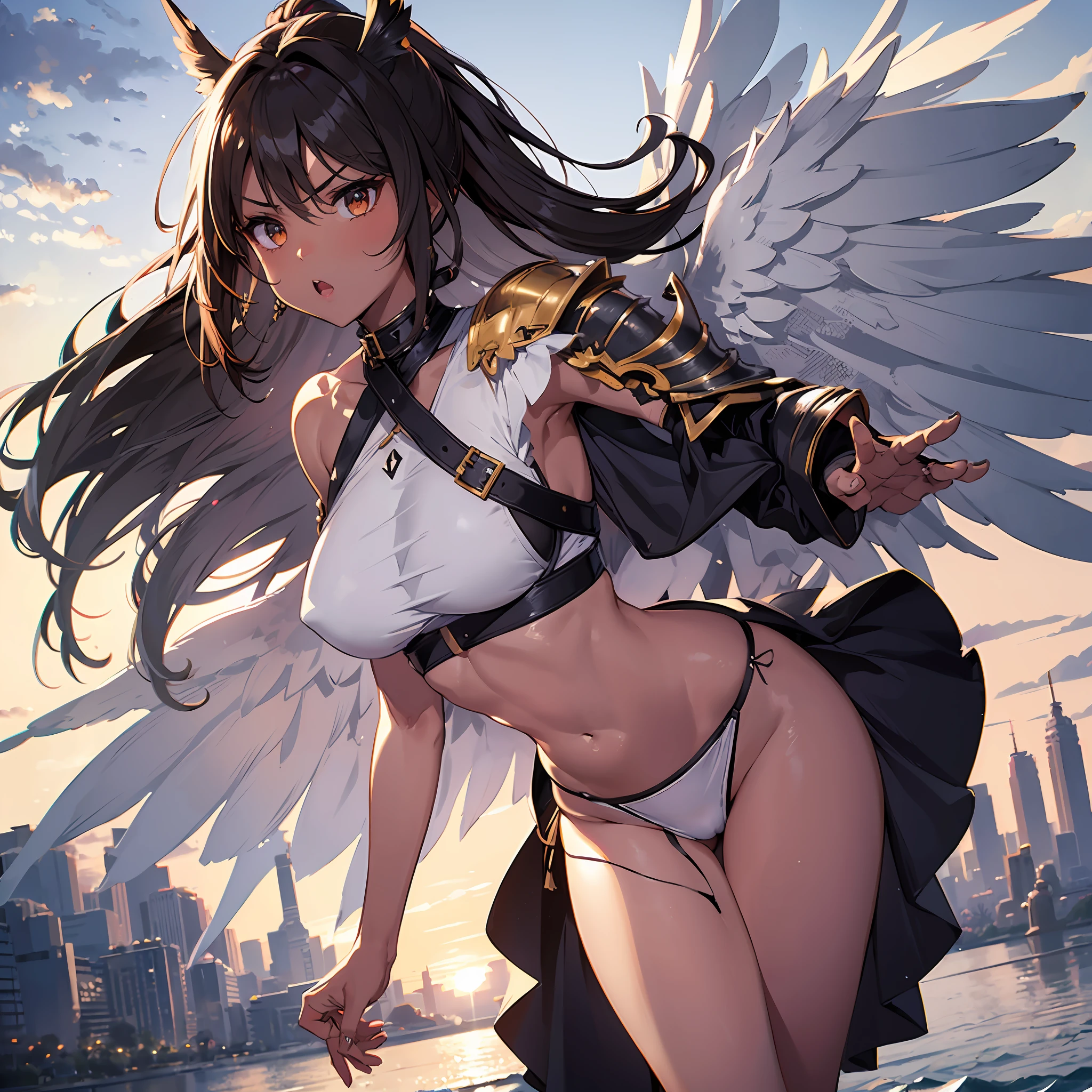 fantasy, 1angel_girl, brown_hair, ponytail_hair, (dark_skin)+, stout, bare_shoulder, navel, thigh,silver_shiny_armor, white_clothes,waist_armor, grebe, hold_swords, big_, angry, dynamic_fighting_pose, floating, (1pair_white_wings), sunrise_city_background,(pelvic_curtain)++, open_mouth, headgear, large_ass,public_indecency,